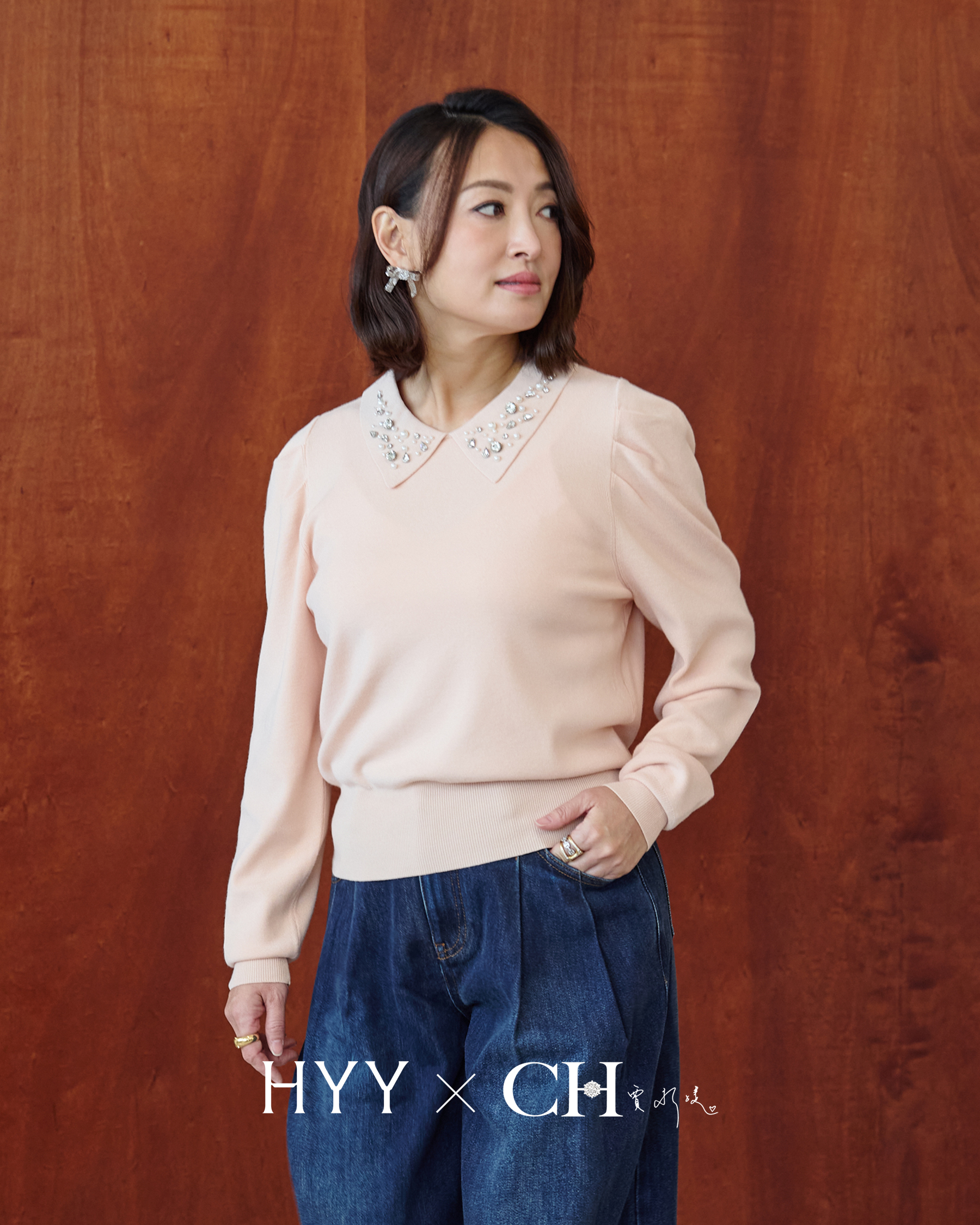 CH聯名系列-精緻女孩水鑽領片針織上衣-2色