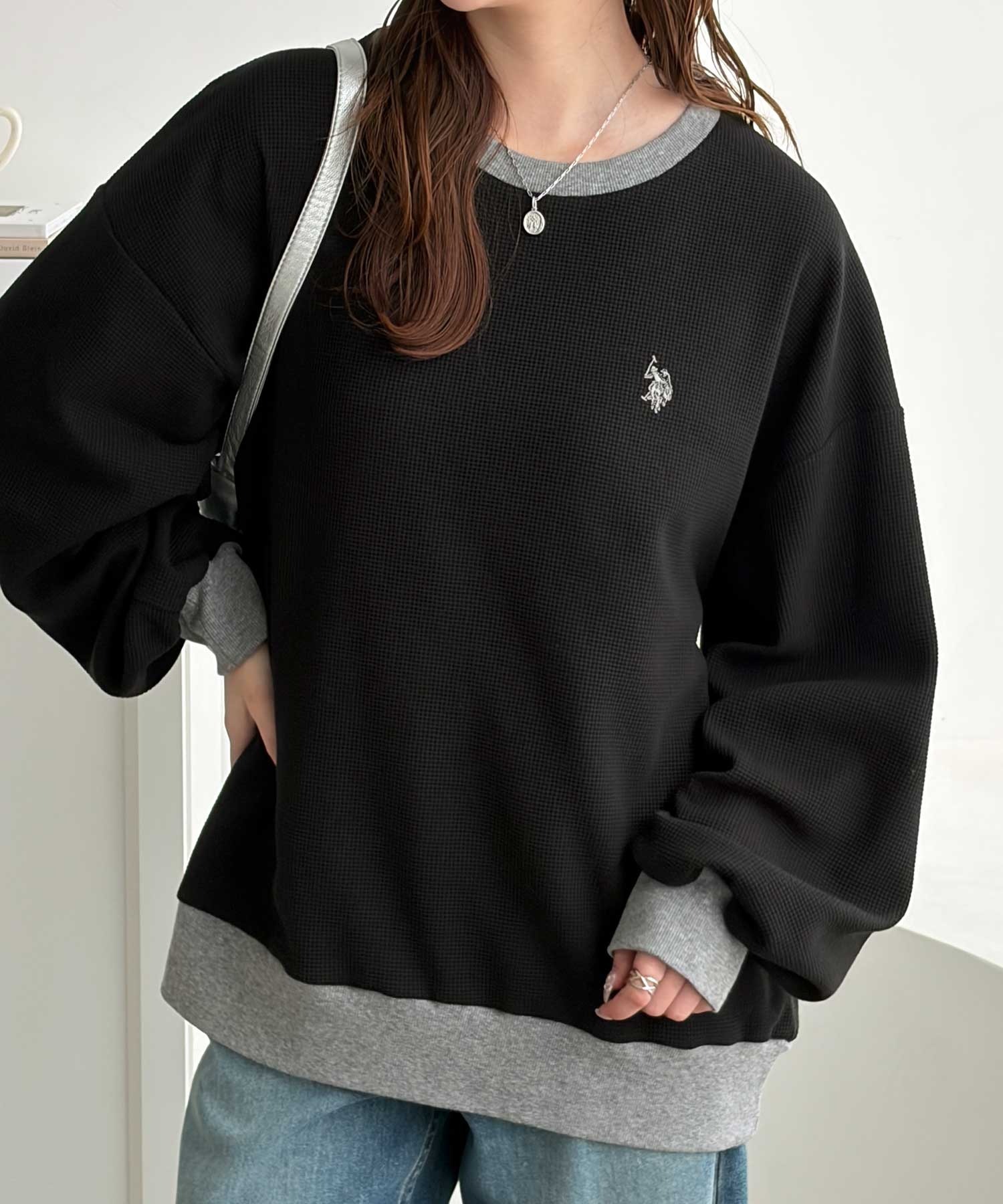🇯🇵 GeeRA X U.S. POLO ASSN. 華夫格大學T 長袖 寬鬆 素色 撞色滾邊 / 預購