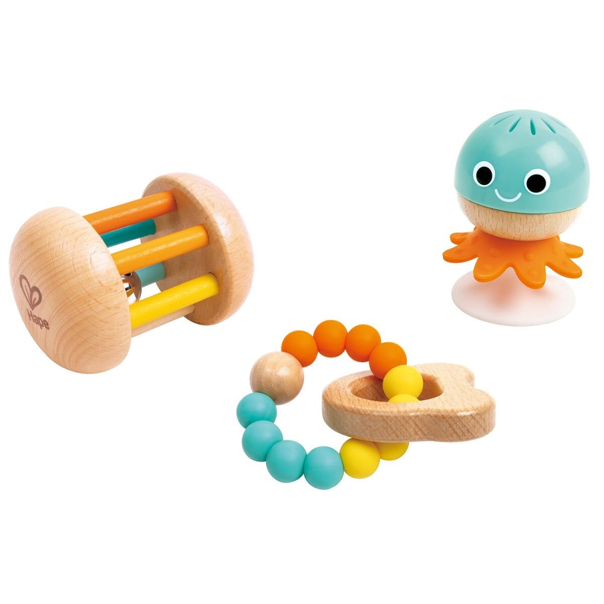 【Hape】嬰幼兒感官探索禮盒 ｜0M+｜3合1 BB牙膠・吸盤搖鈴・滾動玩具