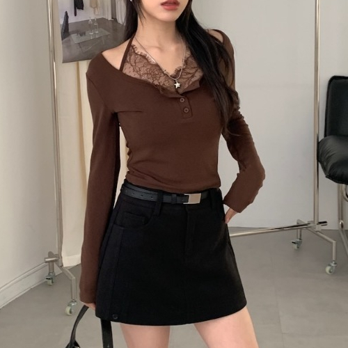 A06 低彩度純慾美 假兩件蕾絲點綴上衣 #A1070
