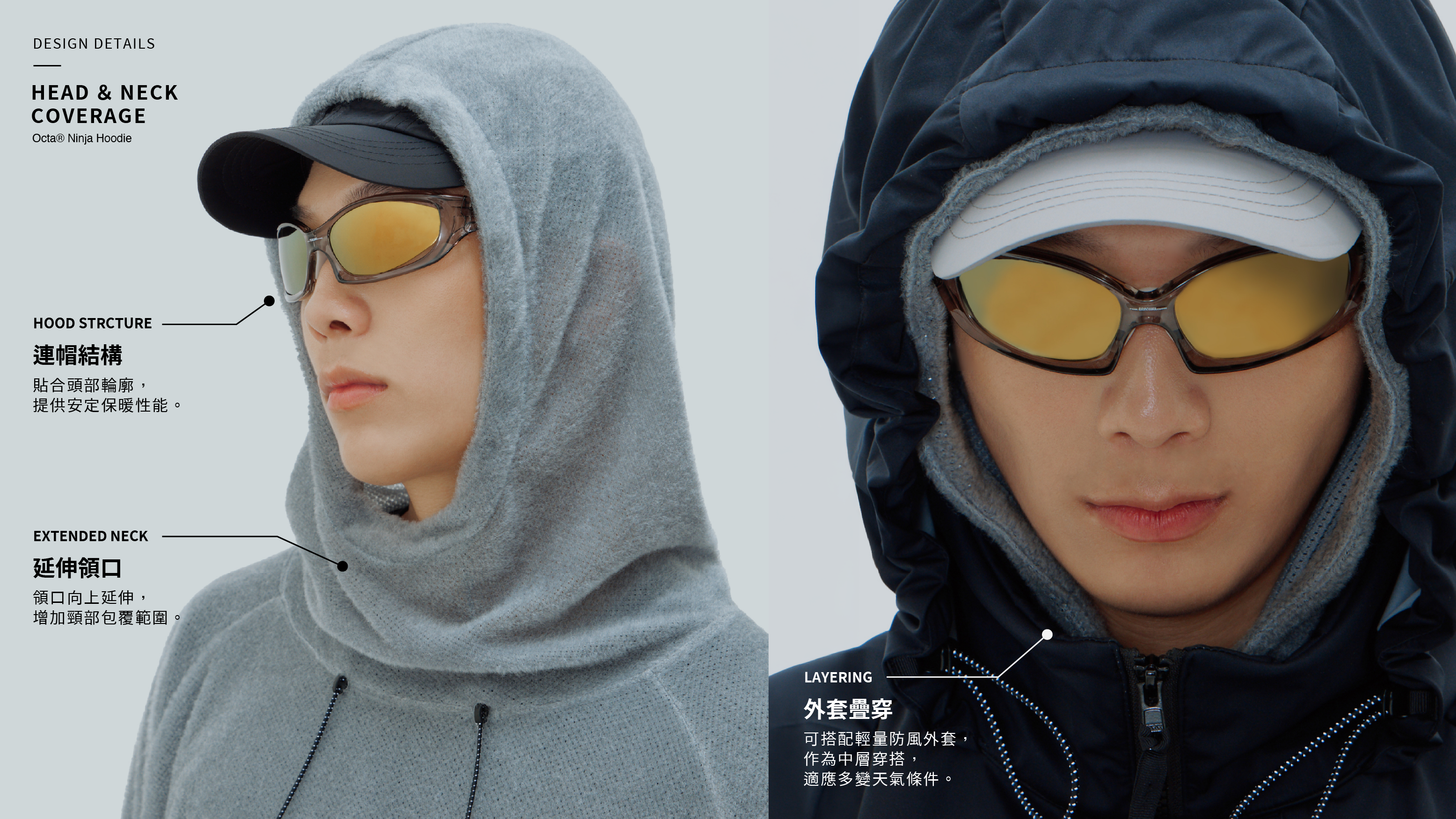 nozzle quiz® Octa® Ninja Hoodie 頭頸包覆細節,左側展示高領連帽結構,右側呈現搭配防風外套的中層穿著方式。