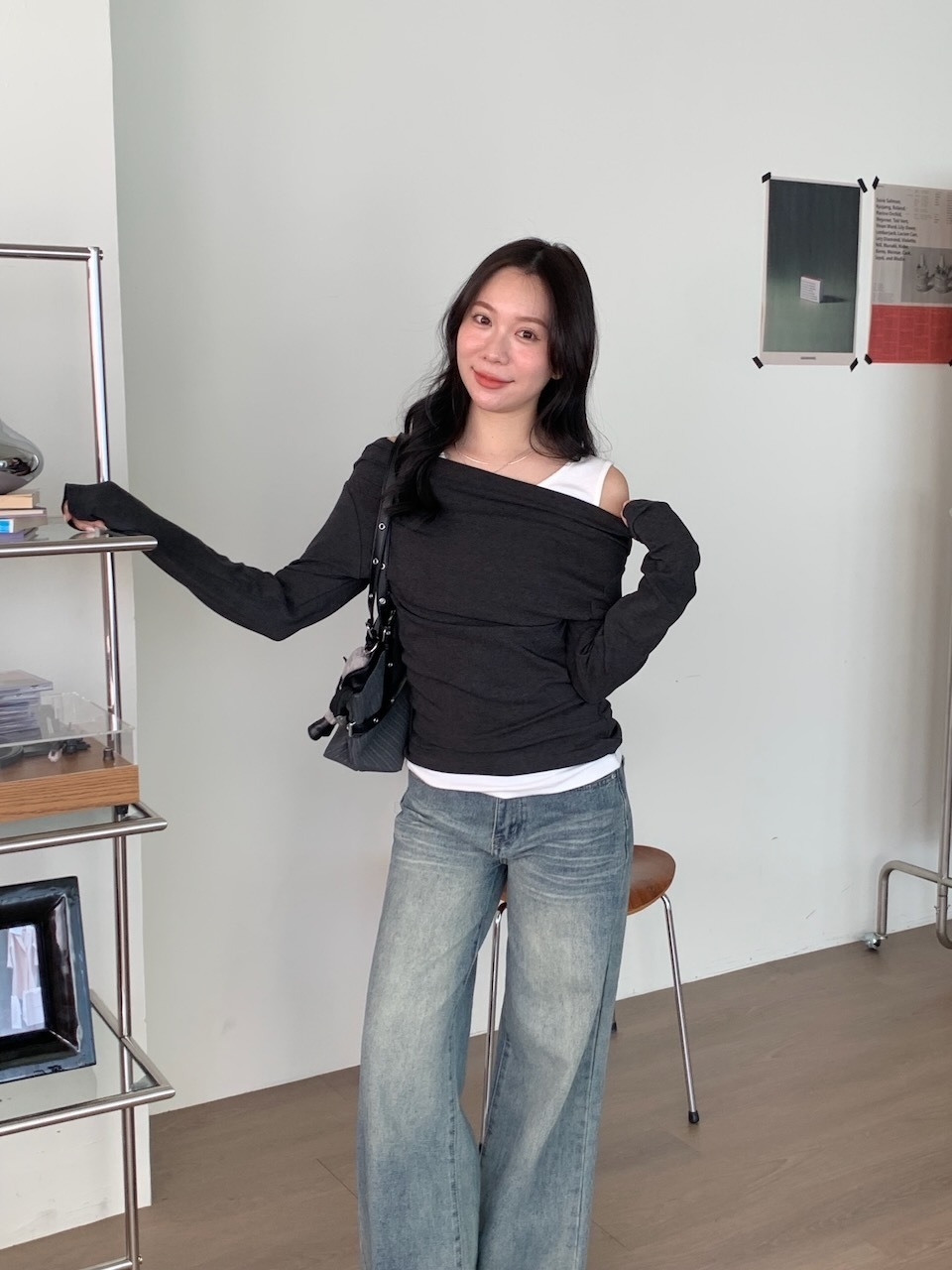 A07 鬆弛小性感 斜肩假兩件上衣 #A1073