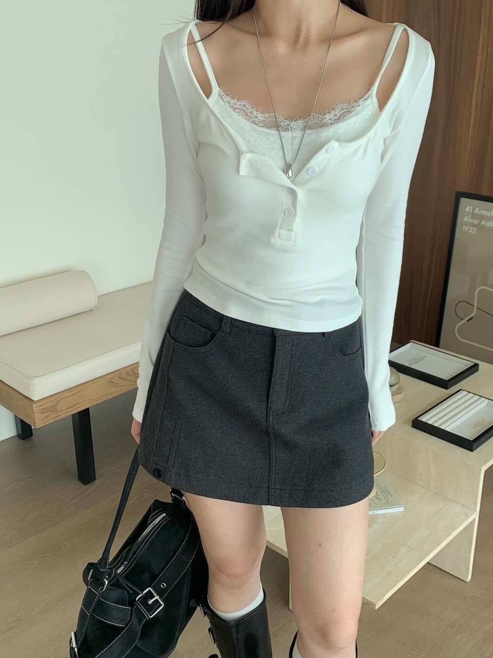 A11 微露性感 蕾絲領口罩杯背心+方領上衣 #A1084