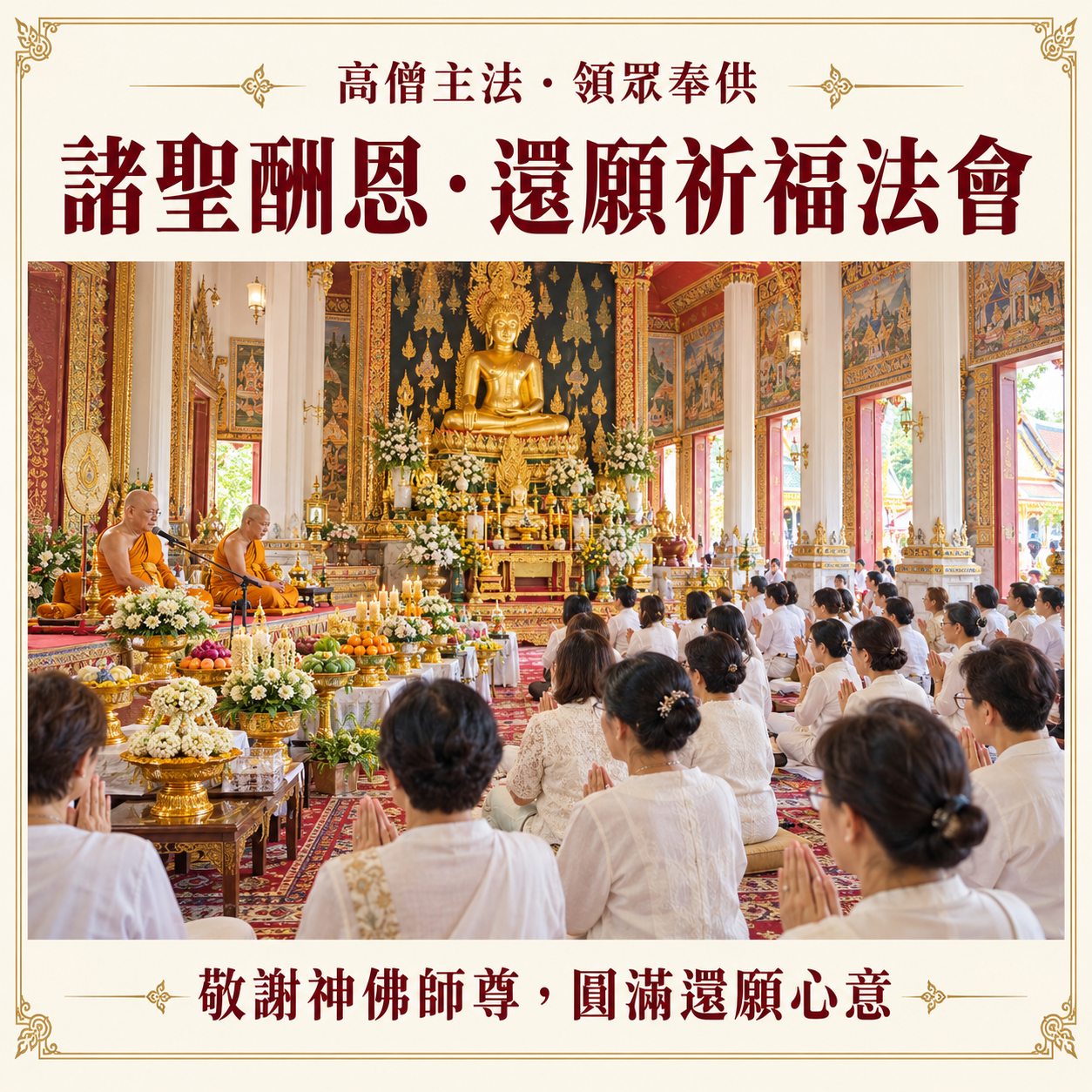 諸聖酬恩還願祈福法會封面：兩位高僧與眾人共同奉供的法會情境