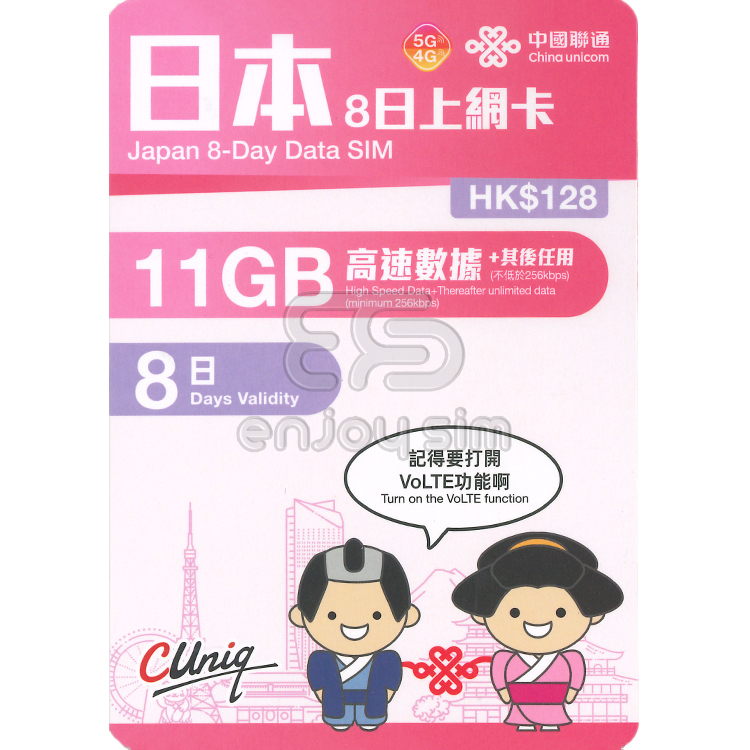 中國聯通 - 8日【日本】(8+3GB) 5G/4G 無限上網卡數據卡SIM咭