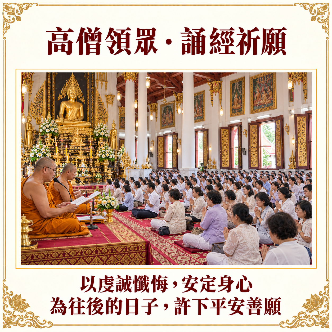 高僧領眾誦經祈願：於法會中安定身心、真心懺悔的情境