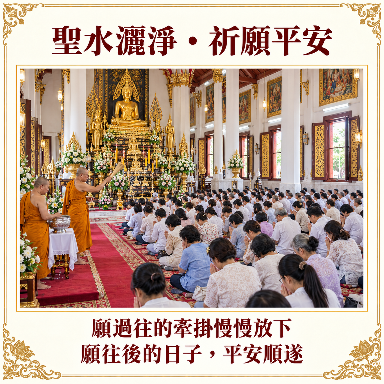 聖水灑淨祈願平安的法會情境，實際儀節依當期主法安排