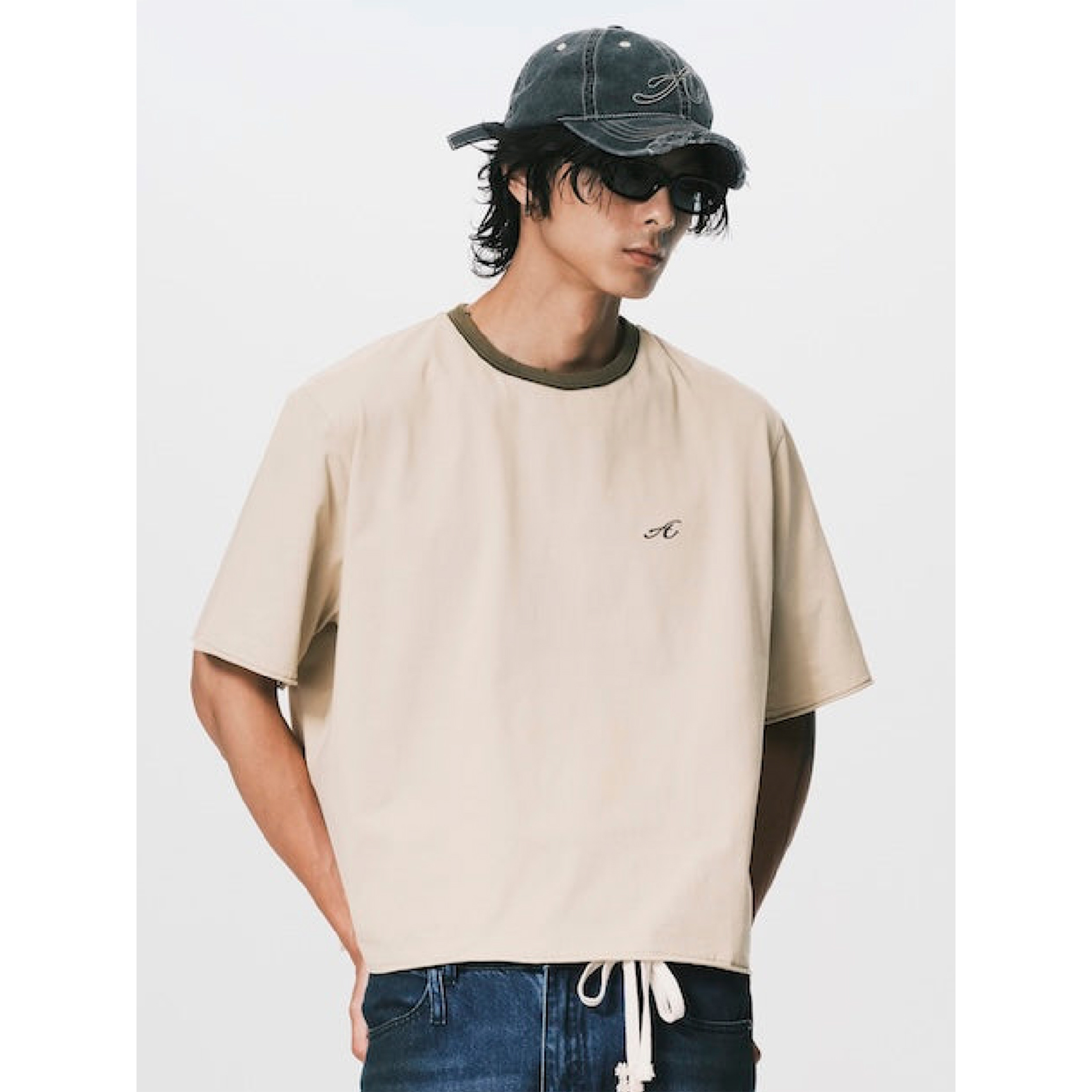 ANOWHEREMAN Contrast Collar Cropped Tee
