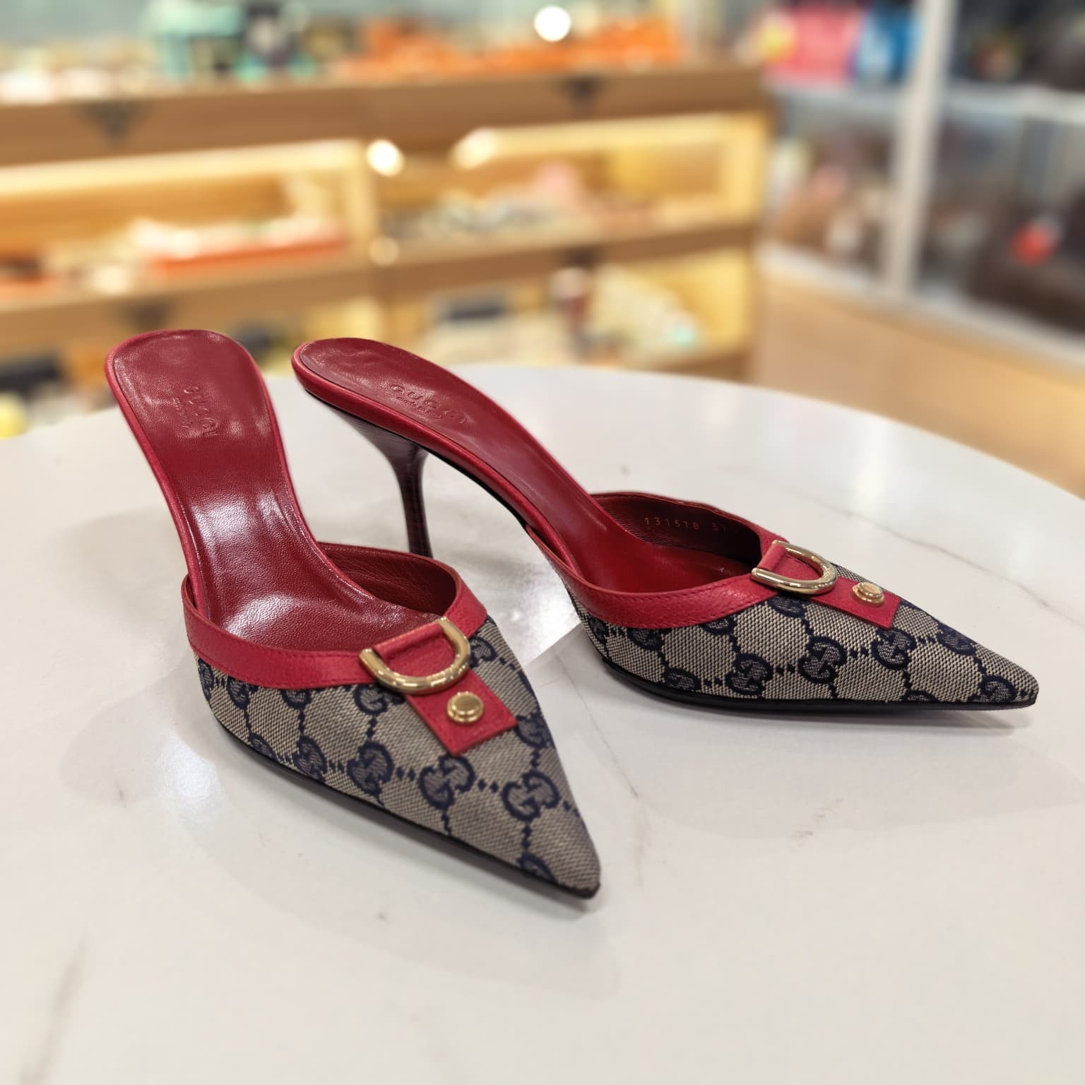 95%NEW USED GUCCI 高跟鞋37.5碼, 8CM, GG Monogram帆布拼紅色牛皮 #香榭站正品