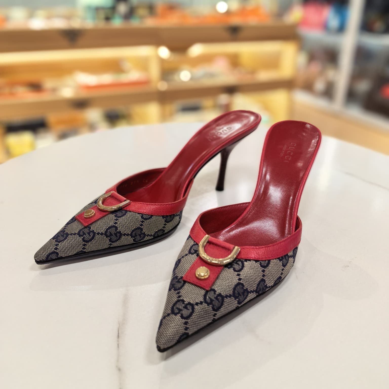 95%NEW USED GUCCI 高跟鞋37.5碼, 8CM, GG Monogram帆布拼紅色牛皮 #香榭站正品