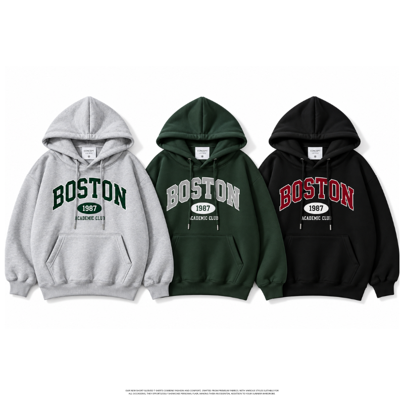 BOSTON植絨刺繡厚磅刷毛寬鬆落肩帽T