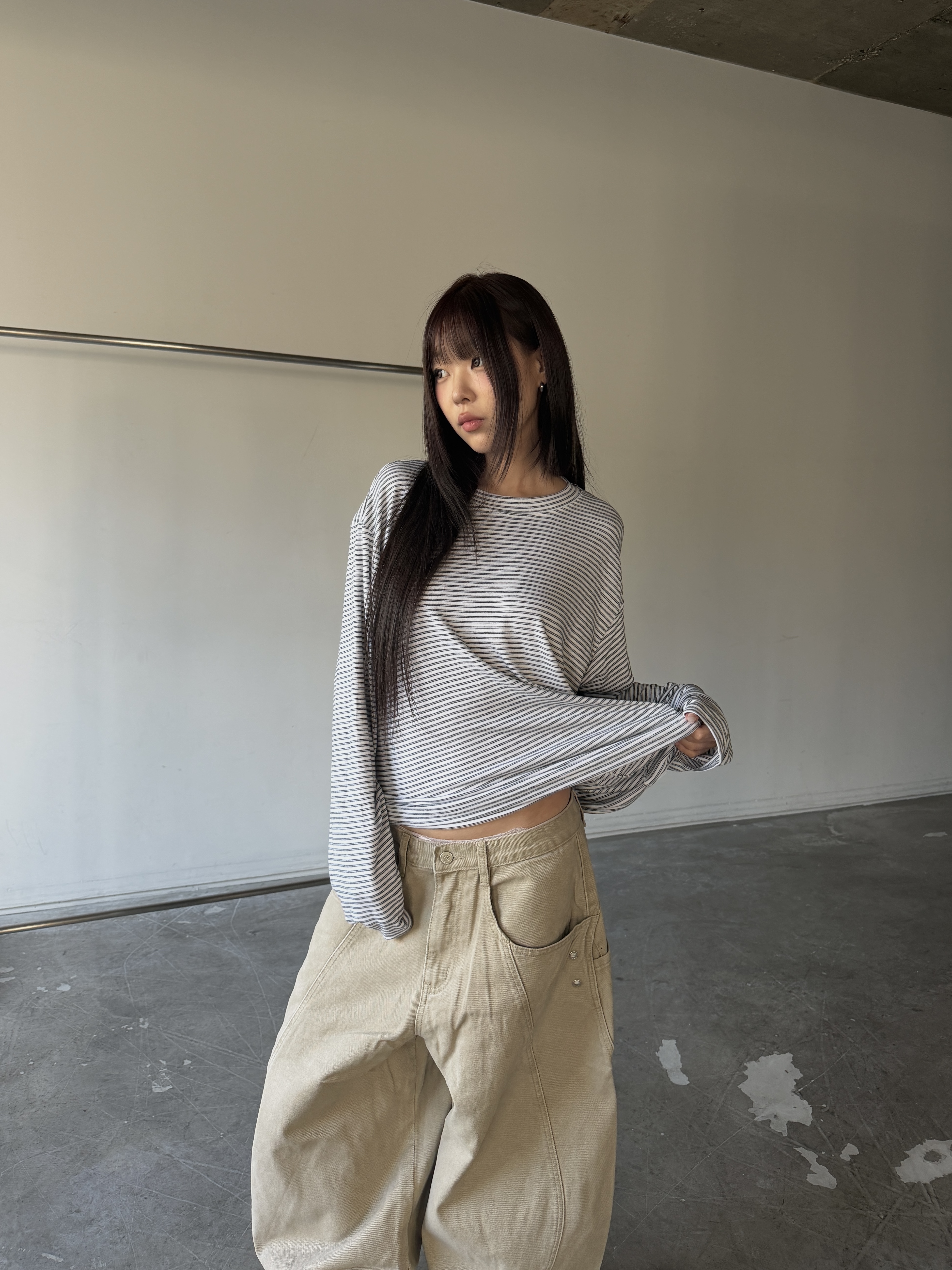細條紋 絨感彈性 指套 寬鬆長袖上衣