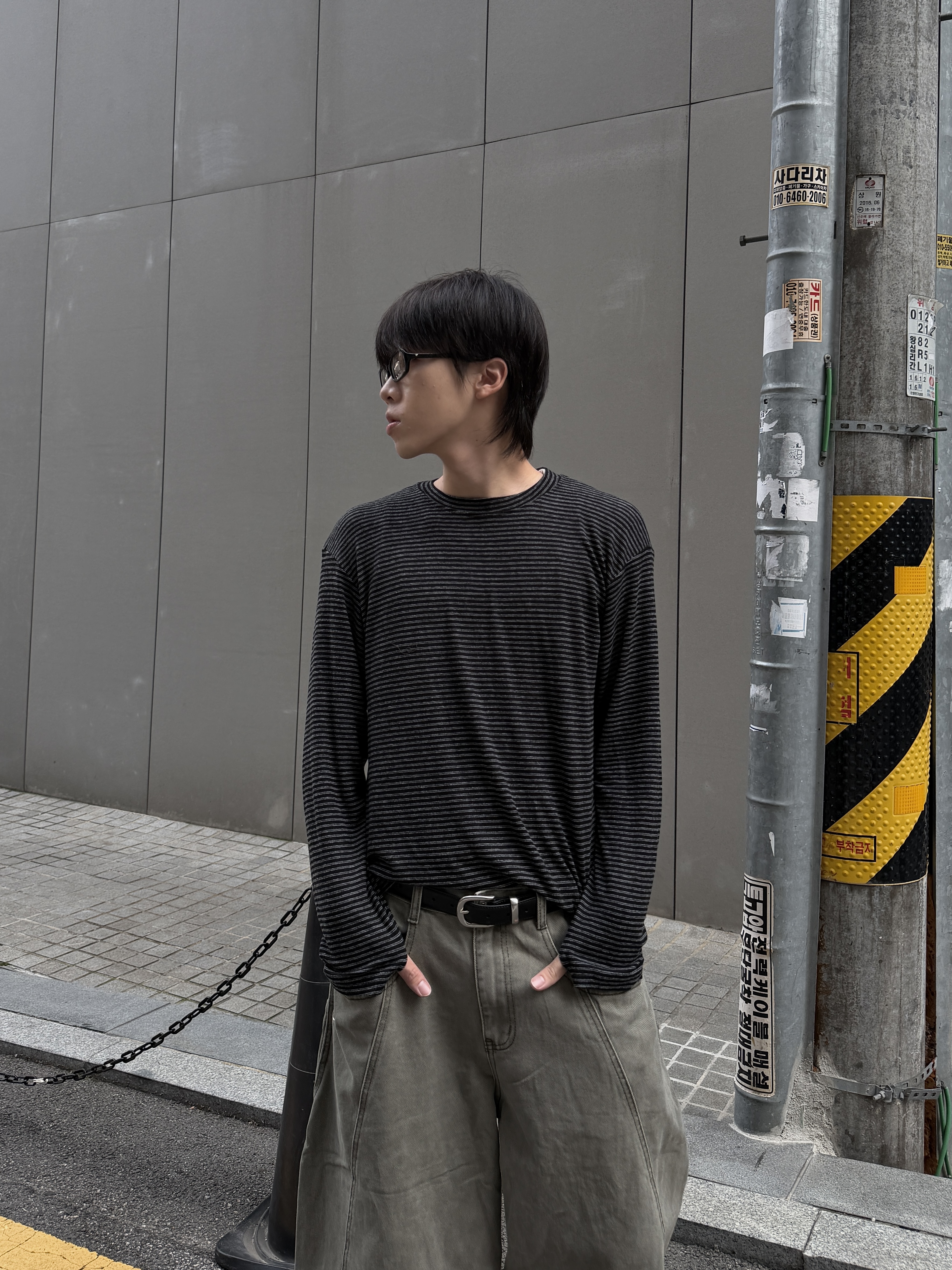 細條紋 絨感彈性 指套 寬鬆長袖上衣