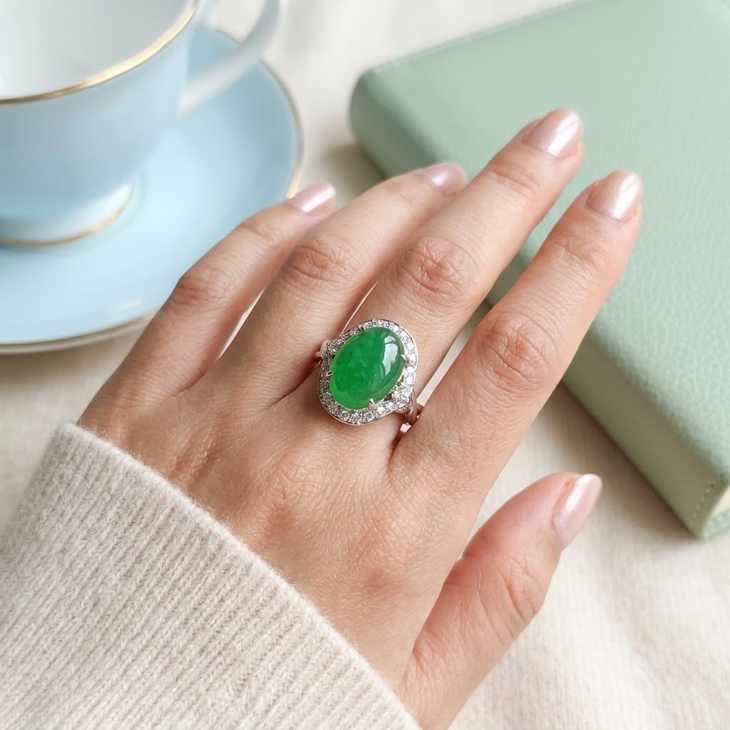 White White Gold Jade and 0.55ct Diamond Ring