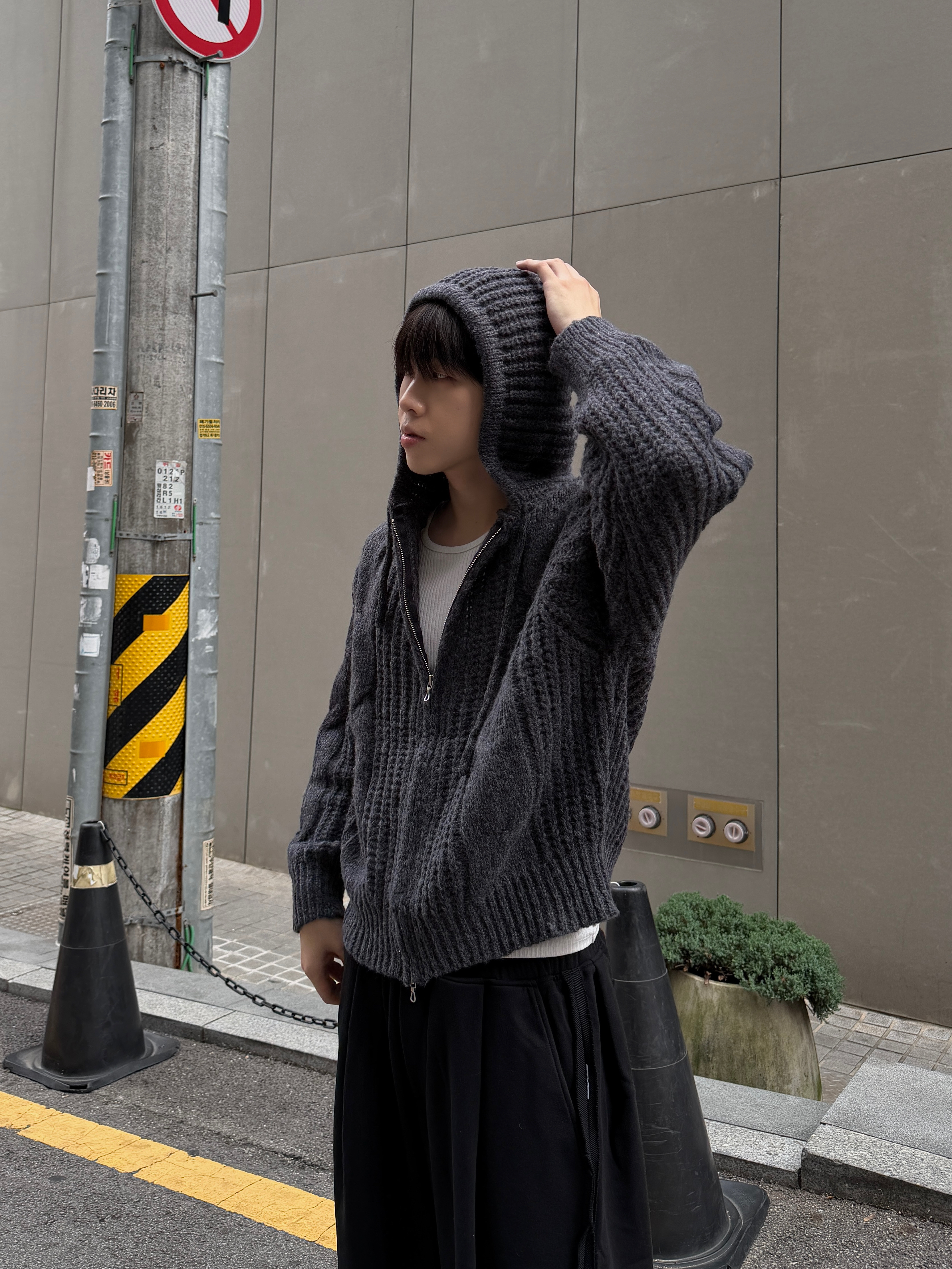 麻花造型 拼接針織 寬鬆連帽外套