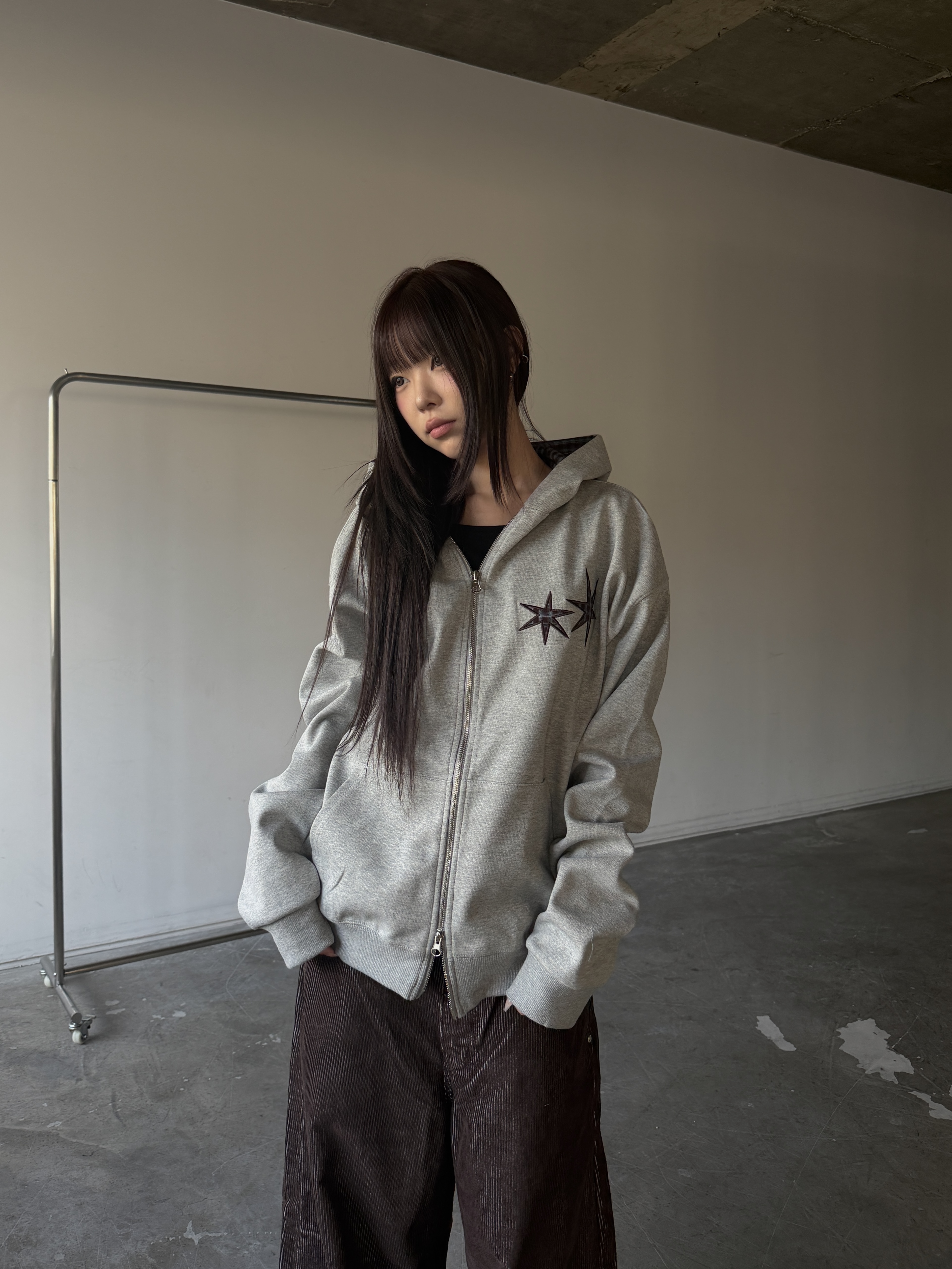 格紋星星 復古刺繡 拼接寬鬆連帽外套