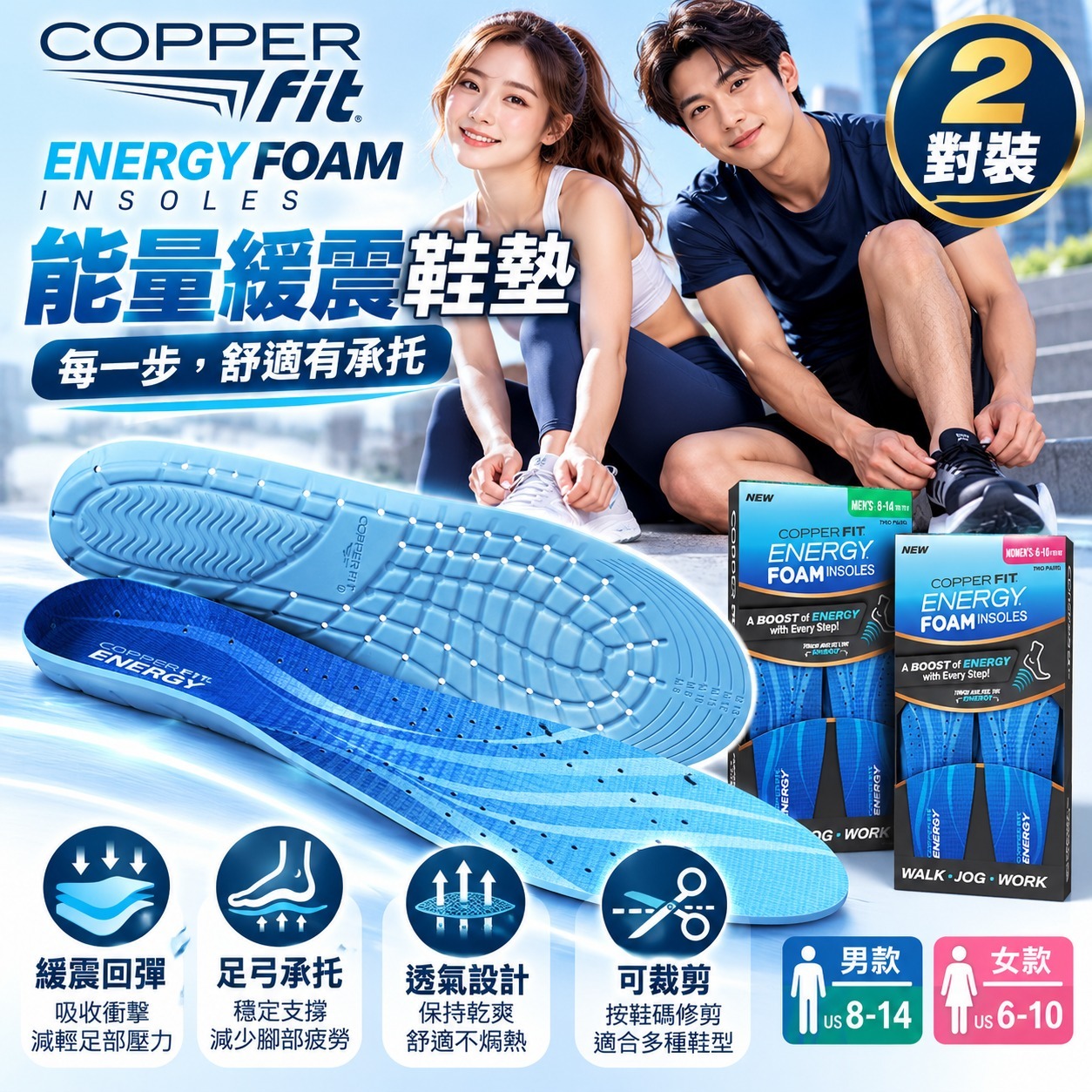 【直播】Copper Fit LX1021811 高彈力吸震鞋墊(2對)