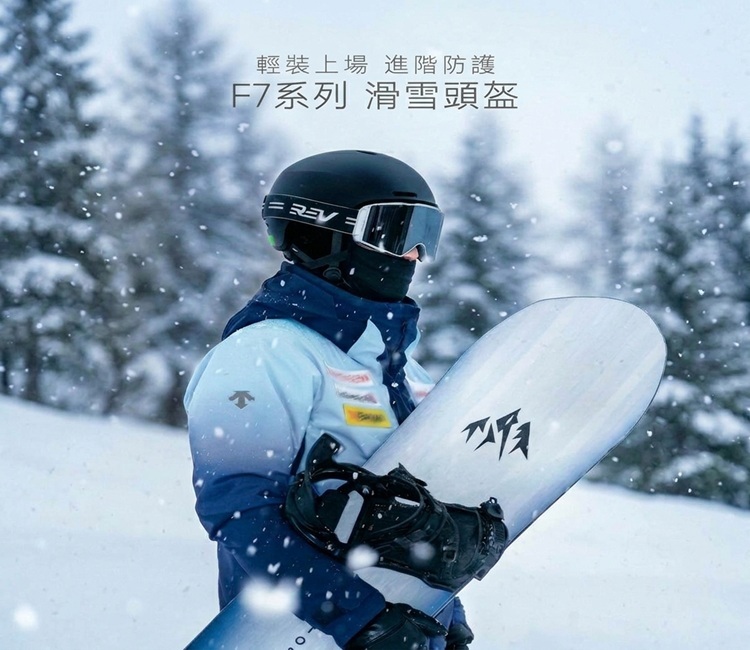 滑雪者配戴F7系列滑雪頭盔與雪鏡,身穿漸層雪衣並手持滑雪板,背景為雪山森林