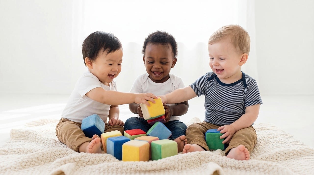 三名幼童一起坐在地上玩積木