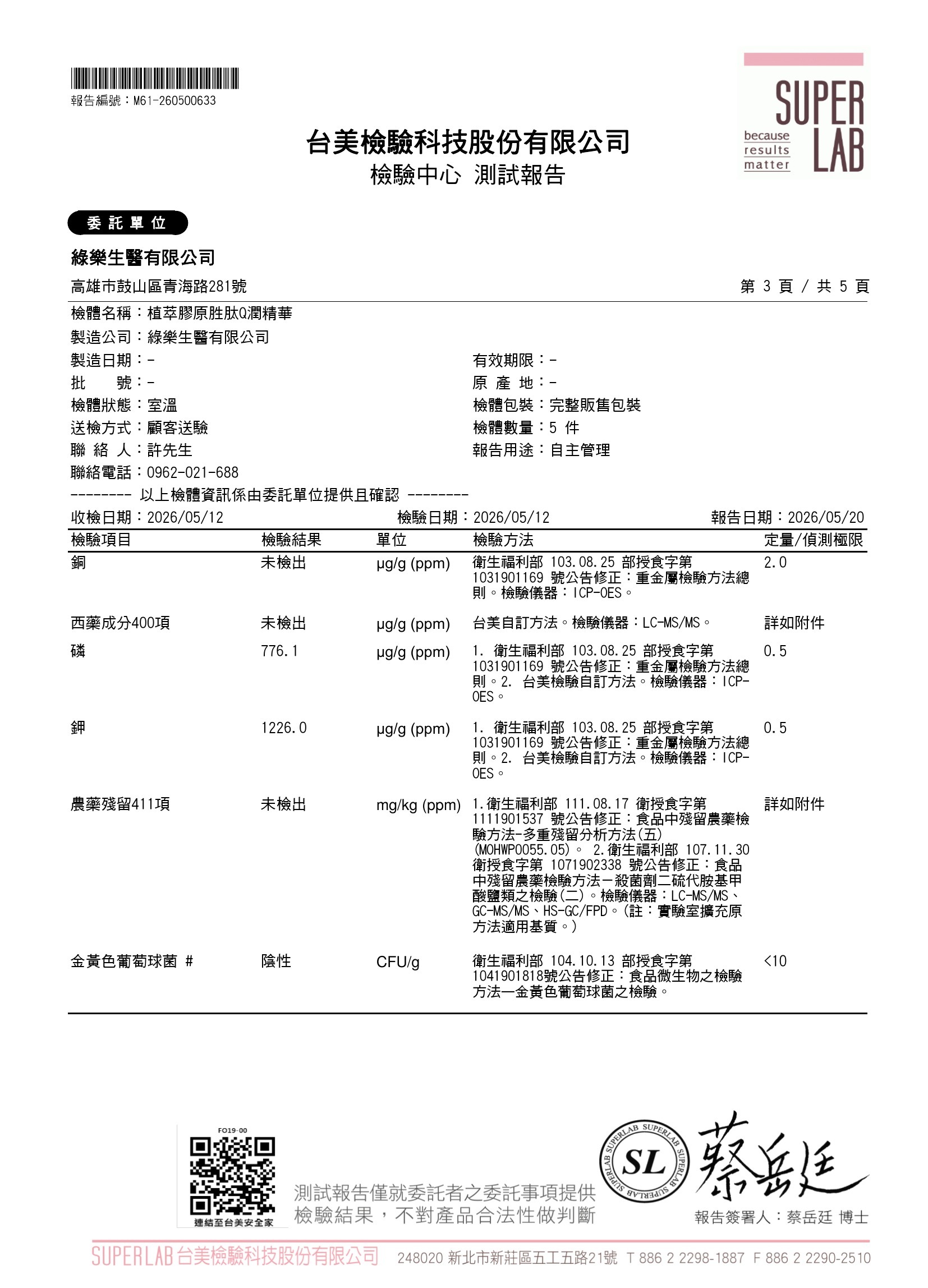 西藥成分400項、磷鉀、農藥殘留、金黃色葡萄球菌檢驗報告