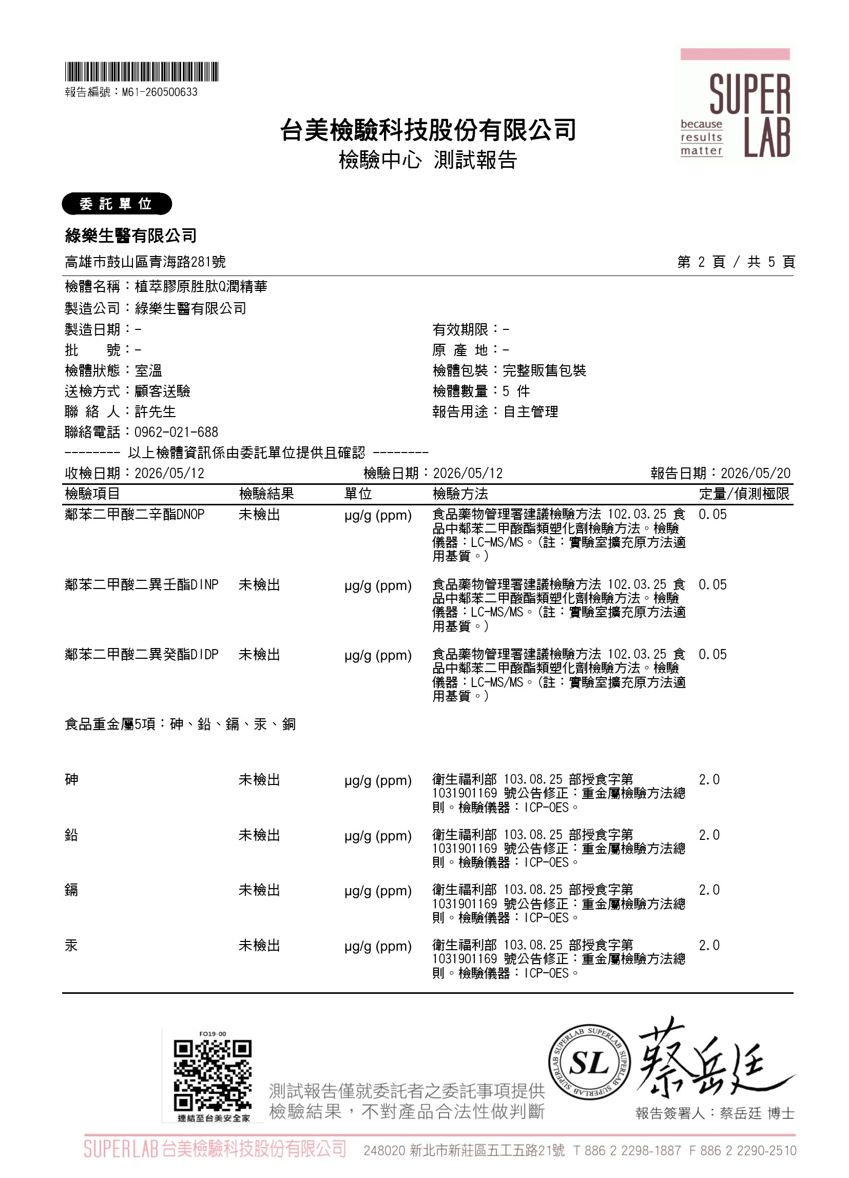 重金屬5項檢驗報告