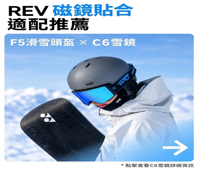 REV磁鏡貼適合搭配建議:F5滑雪頭盔搭配C6雪鏡,鍛鍊完整配戴與防護效果。