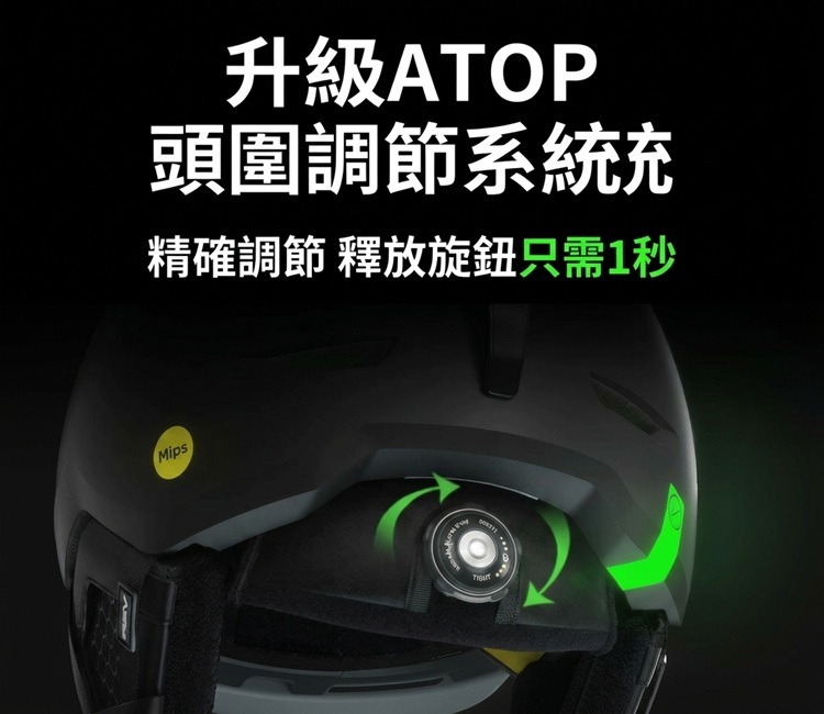 升級ATOP頭圍調節系統,精準調節,只需1秒釋放旋鈕,安全帽細節展示