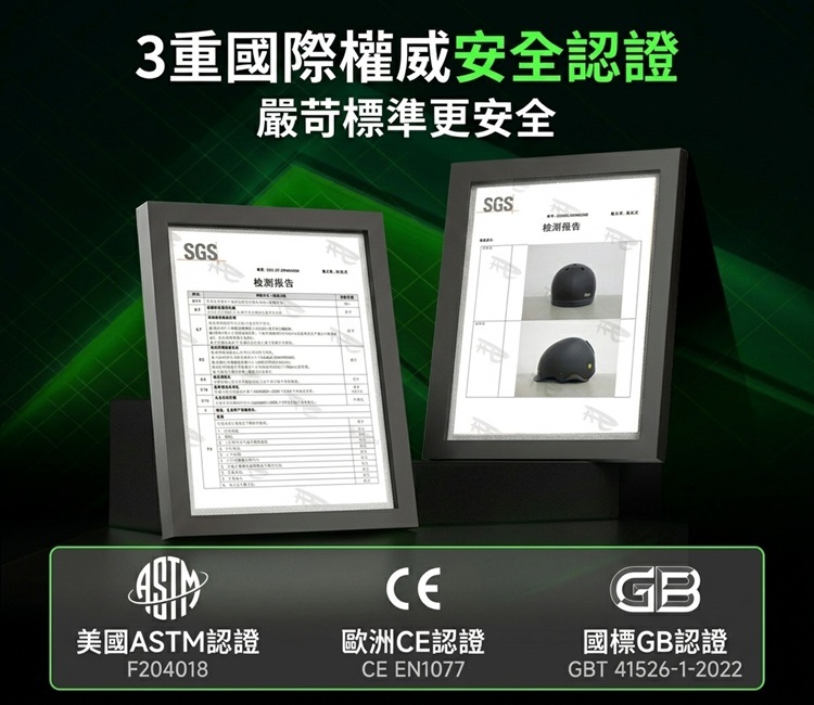 三重國際權威安全認證,美國ASTM F204018、歐洲CE EN1077與國標GB認證,SGS檢測報告展示