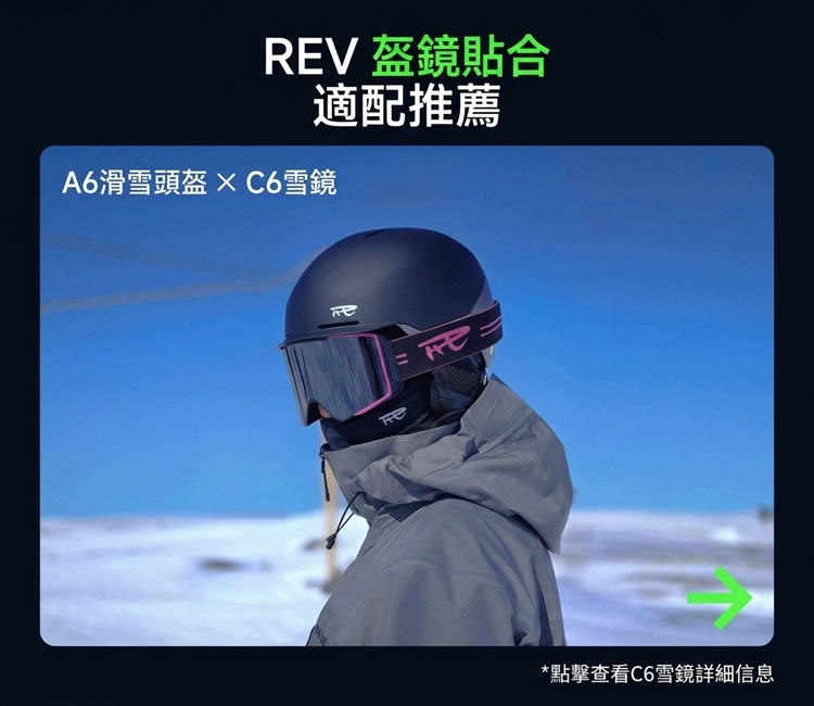 REV盔鏡貼合配推薦,A6滑雪頭盔搭配C6雪鏡配戴效果展示