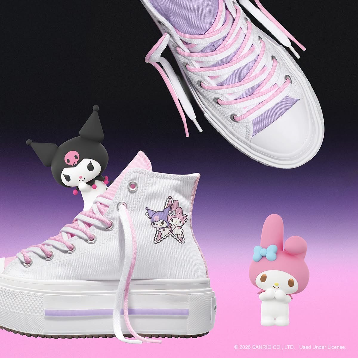 CONVERSE X HELLO KITTY AND FRIENDS ALL STAR LIFT DOUBLE STACK MY MELODY & KUROMI 三麗鷗聯名 美樂蒂 酷洛米 白粉 女鞋 A21835C