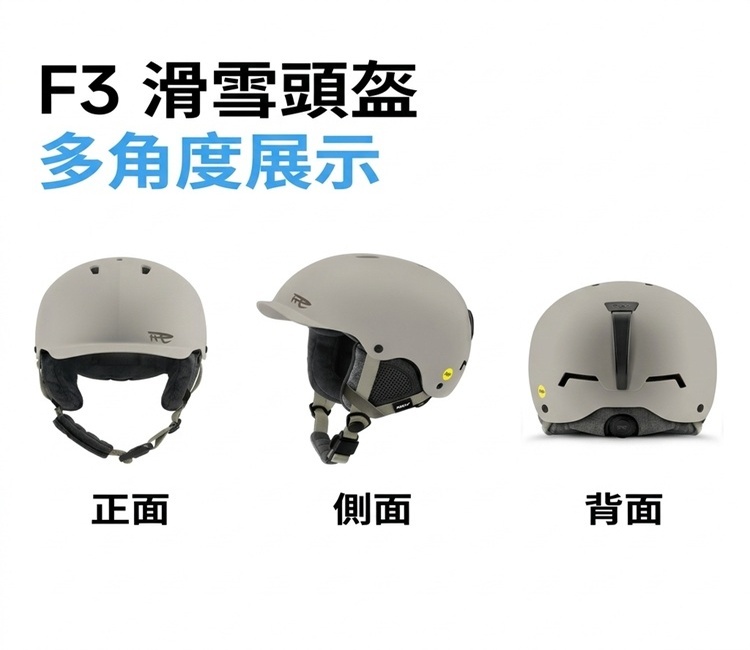 REV F3滑雪安全帽正面、頭部與背面多角度展示。