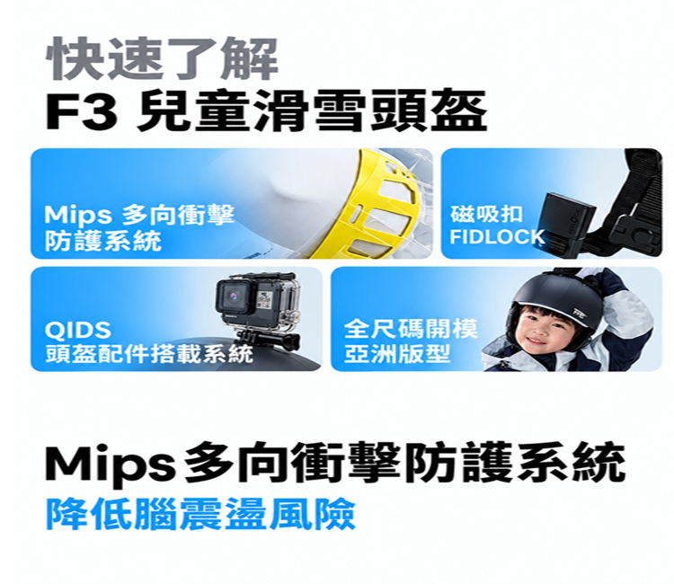 REV F3兒童滑雪頭盔特色介紹,內含Mips防護系統、FIDLOCK磁吸扣、QIDS配件搭載系統及亞洲版型。