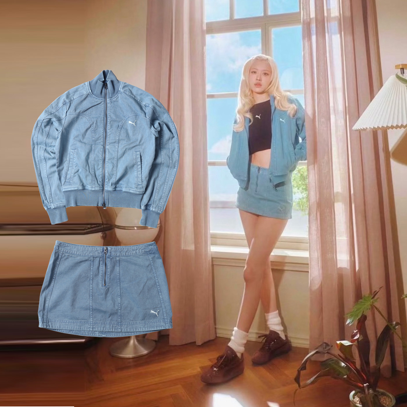 女款 PUMA FUTURE ARCHIVE WASH 藍色 牛仔 Rosé朴彩英同款 立領 短版 雙拉鍊 短裙 外套 套裝【63668134/63667934】