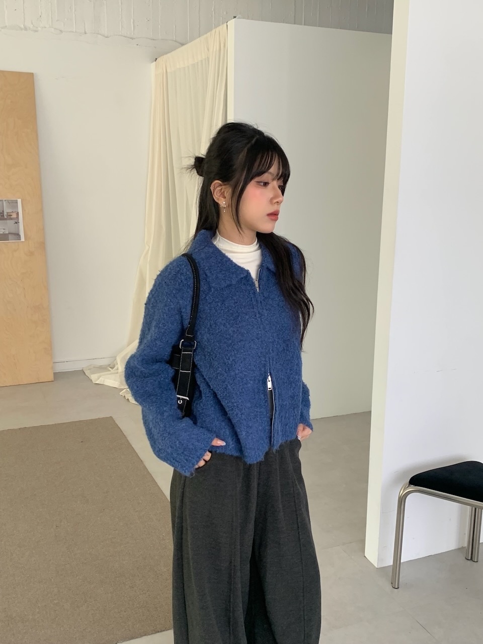 A28 韓韓的翻領拉鏈針織上衣 #7671