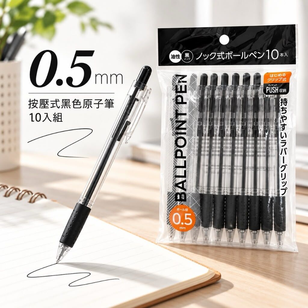 日本按壓式黑色原子筆 0.5mm (1包10支)