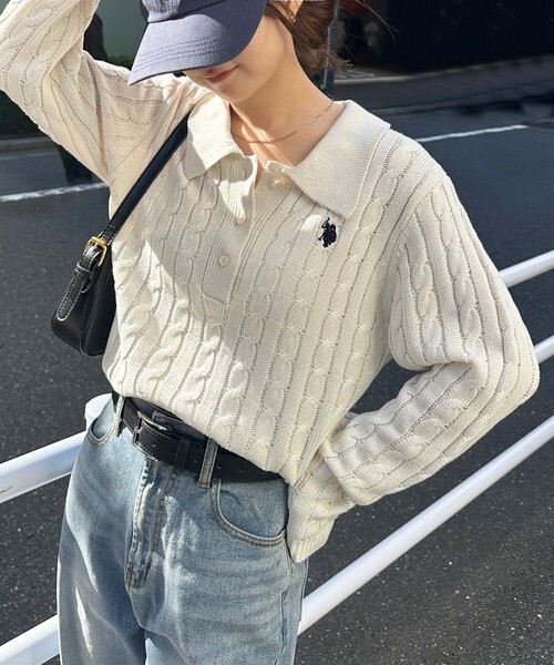 【OWN】U.S. POLO ASSN 長袖 上衣 麻花 針織 鈕扣 編織 女版 象牙 灰 海藍 黑 粉 天藍 咖啡 紅
