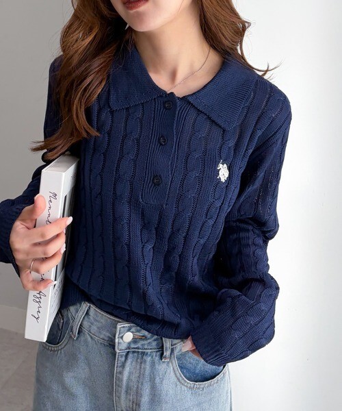 【OWN】U.S. POLO ASSN 長袖 上衣 麻花 針織 鈕扣 編織 女版 象牙 灰 海藍 黑 粉 天藍 咖啡 紅