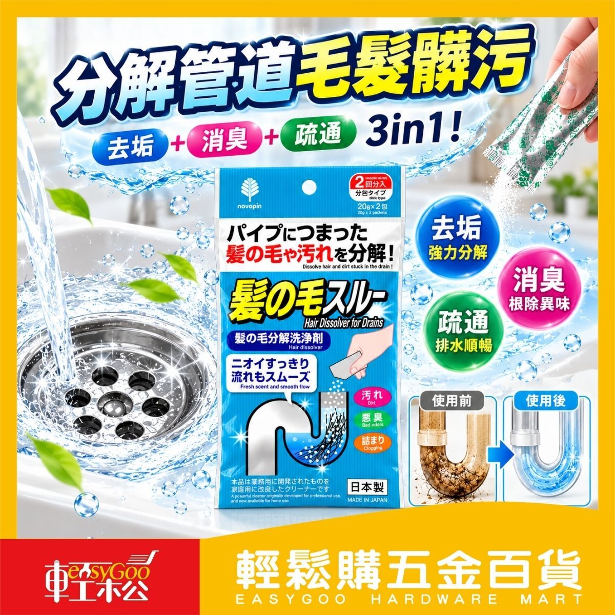 日本製毛髮分解清潔粉20g×2包｜排水管清潔劑 水管疏通劑 浴室落髮清潔 除臭去污【輕鬆購五金百貨】