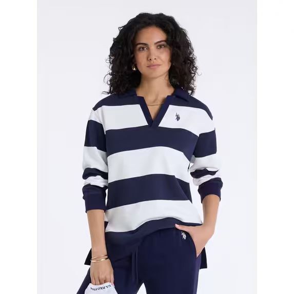 【預購】U.S. Polo Assn. N102219 女裝間紋亨利衫 (深藍拼白色)