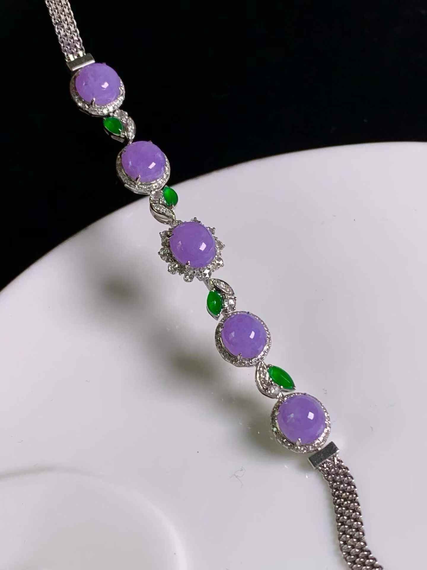 翡翠紫羅蘭蛋面手鏈,天然翡翠A玉, 緬甸玉, Jade, Jadeite