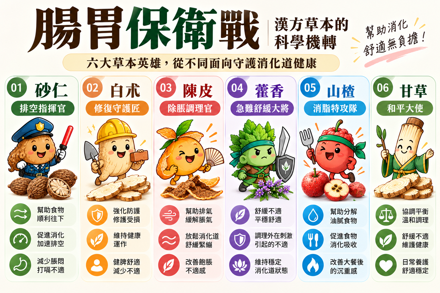 腸胃保衛戰|漢方草本的科學機轉資訊圖,介紹砂仁、白朮、陳皮、藿香、山楂與甘草六大草本,以可愛英雄角色插畫呈現各自的特色與傳統應用,幫助讀者認識漢方草本與日常消化保養。