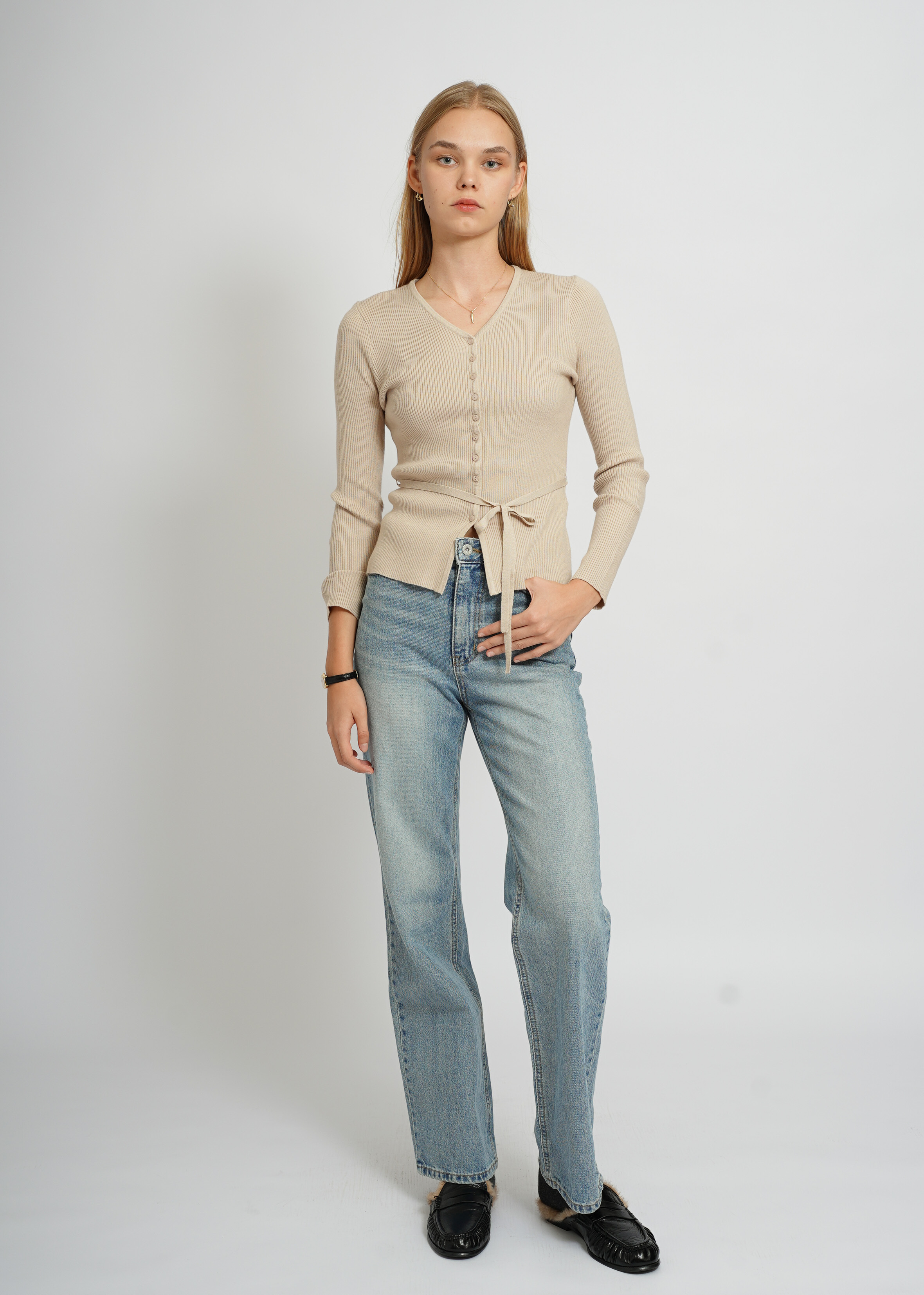 Ribbed tie-waist Top - Beige