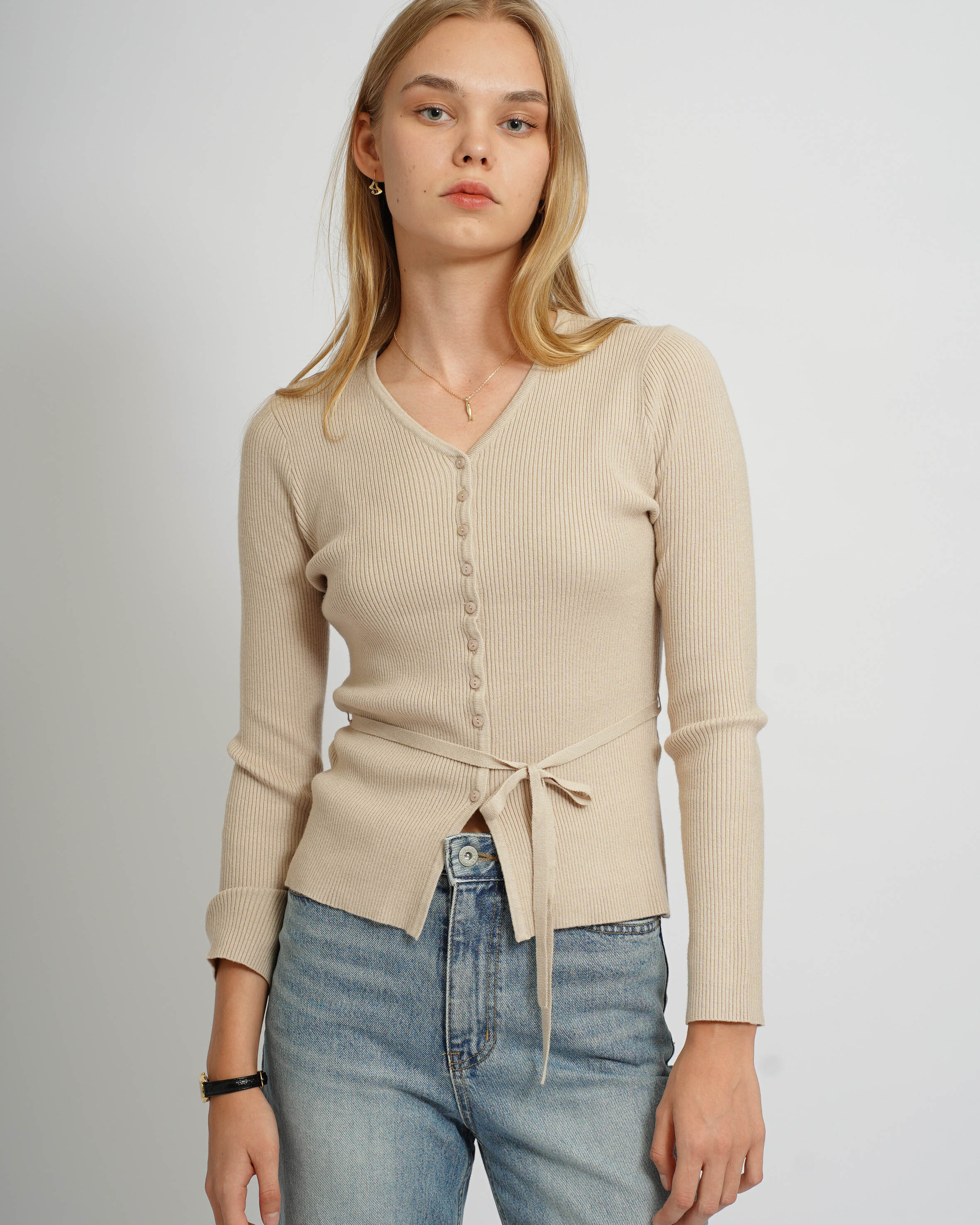 Ribbed tie-waist Top - Beige