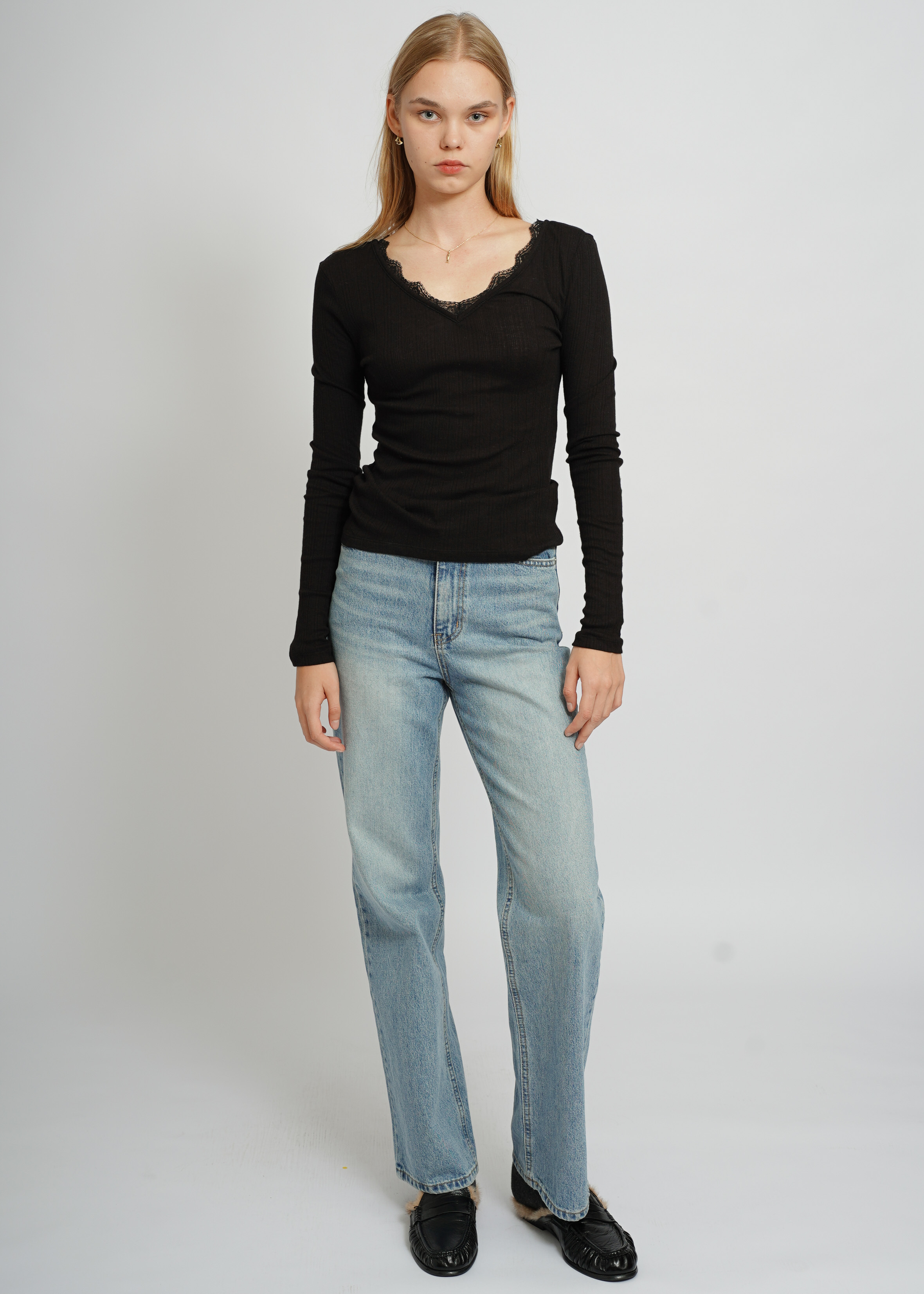 Lace V-Neck Top - Black