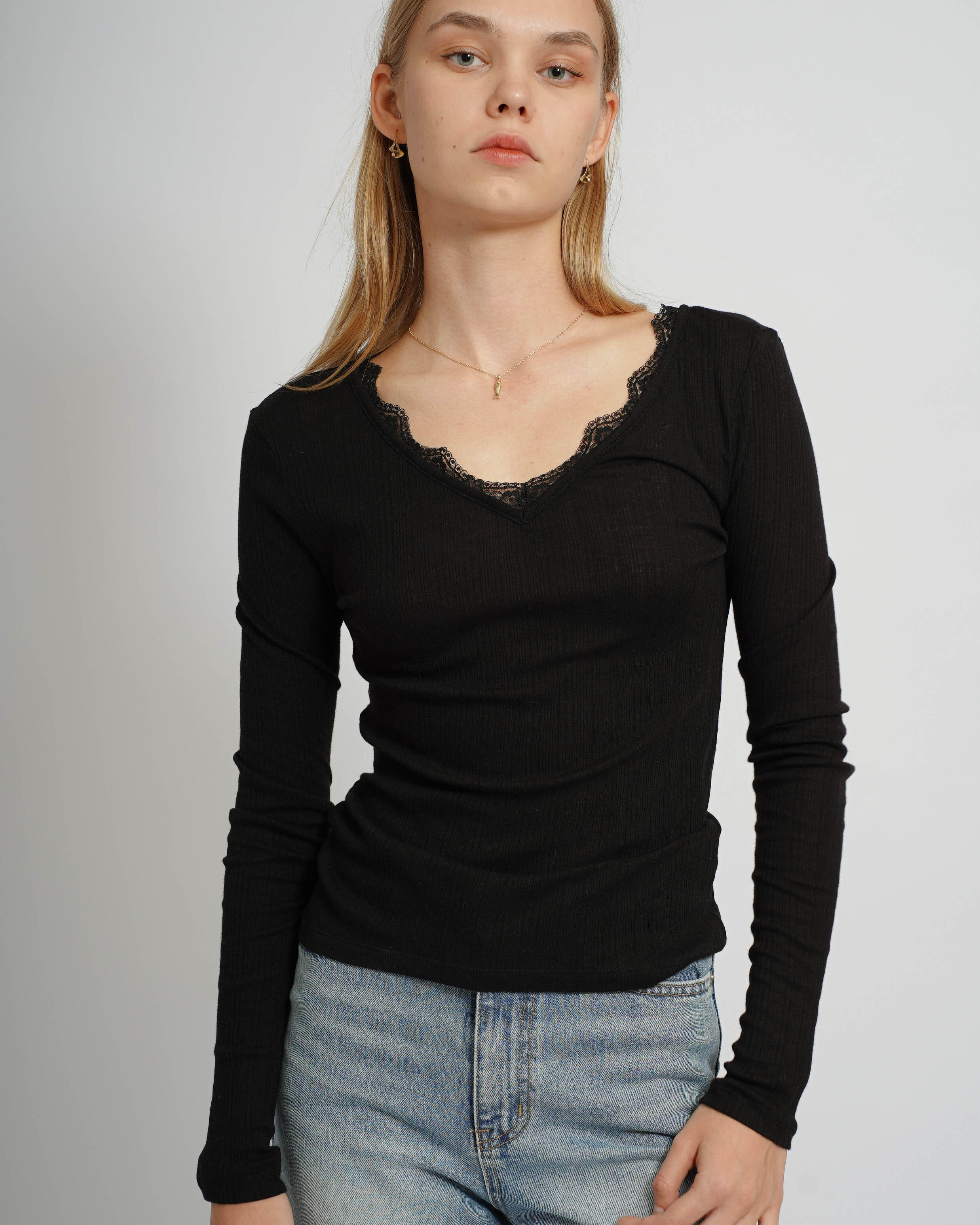 Lace V-Neck Top - Black
