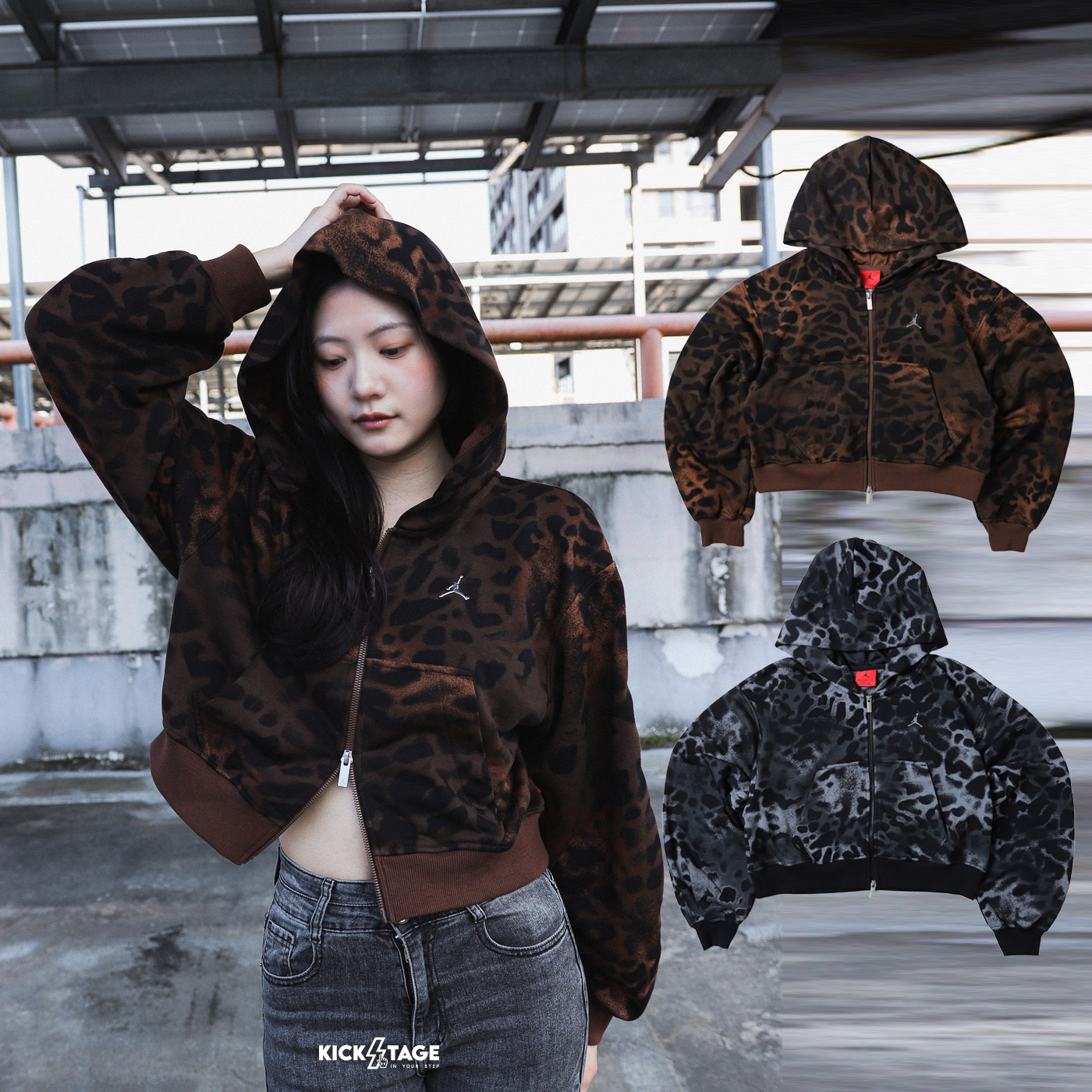 女款 NIKE AS W J BRK AN FLC CRP ZIP LB 黑灰 咖 豹紋 短版 寬鬆 喬丹 雙拉鍊 連帽 外套【IX8617】NKTF