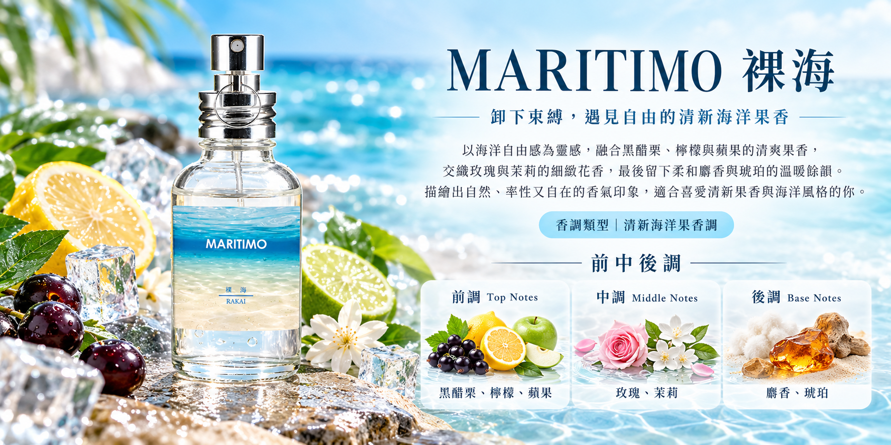 MARITIMO裸海商品介紹,海洋藍香水瓶,呈現前調黑醋栗、檸檬、蘋果,中調玫瑰、茉莉,後調麝香、琥珀的清新海洋果香。