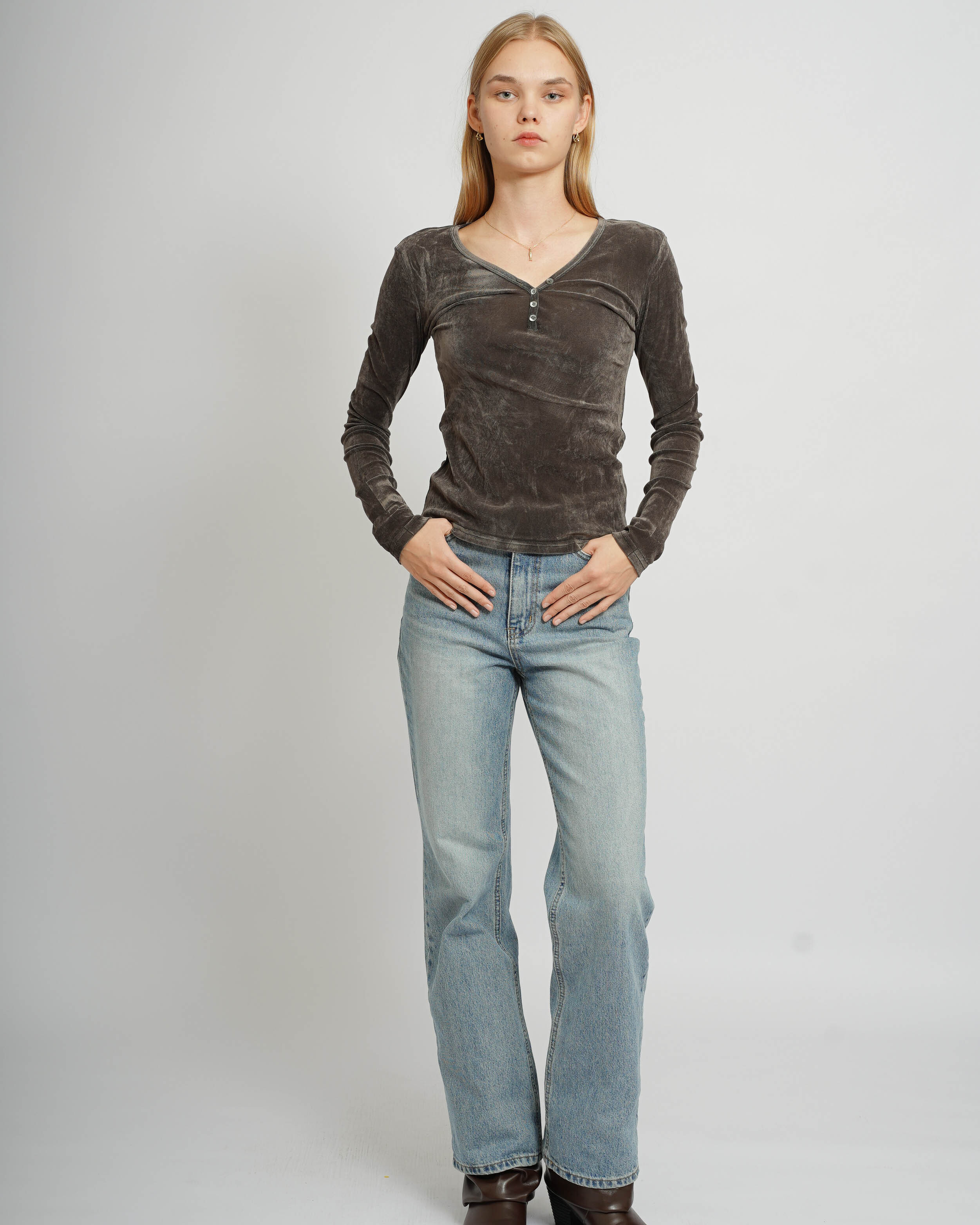 Button-Up Velvet Top - Grey