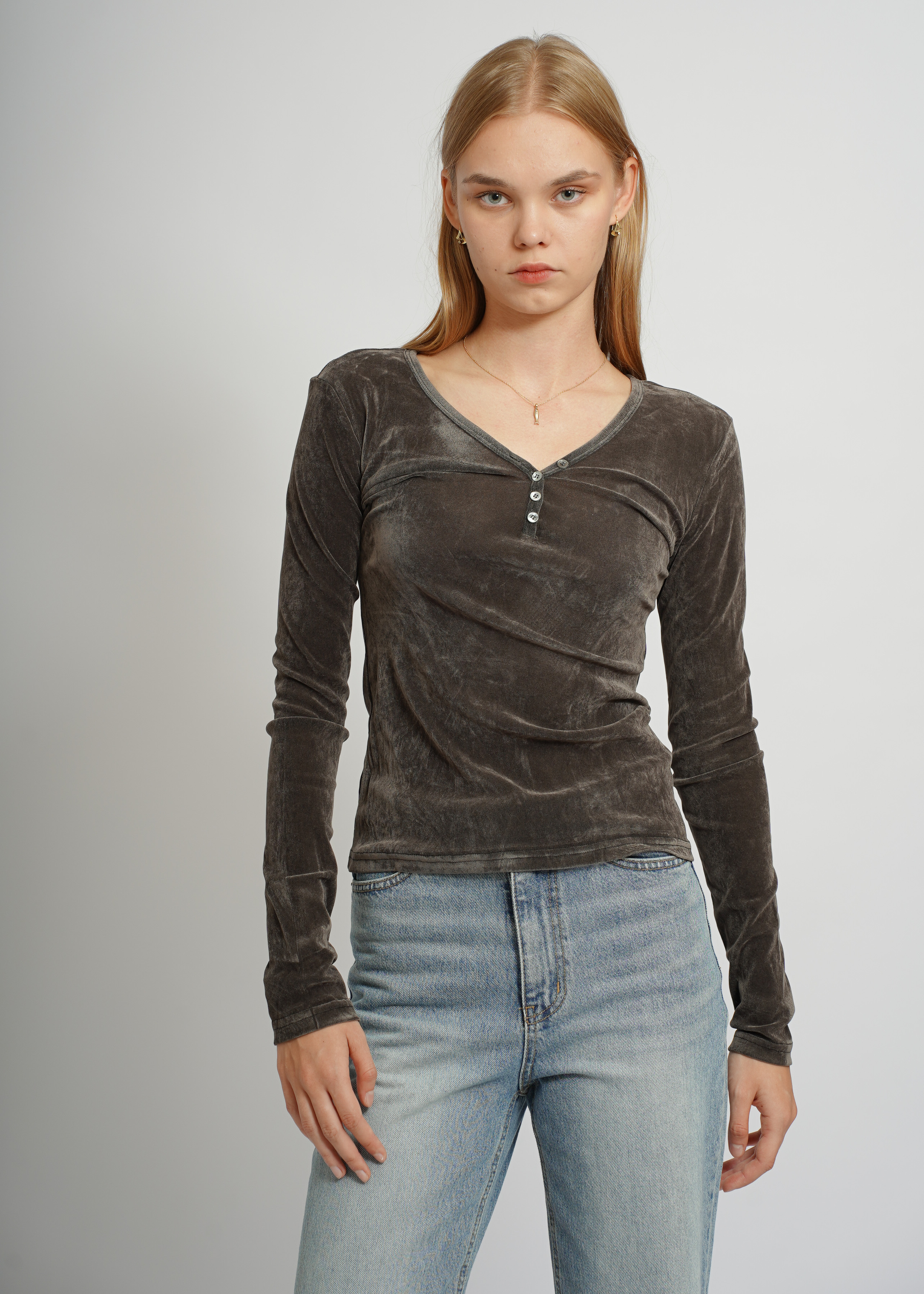 Button-Up Velvet Top - Grey