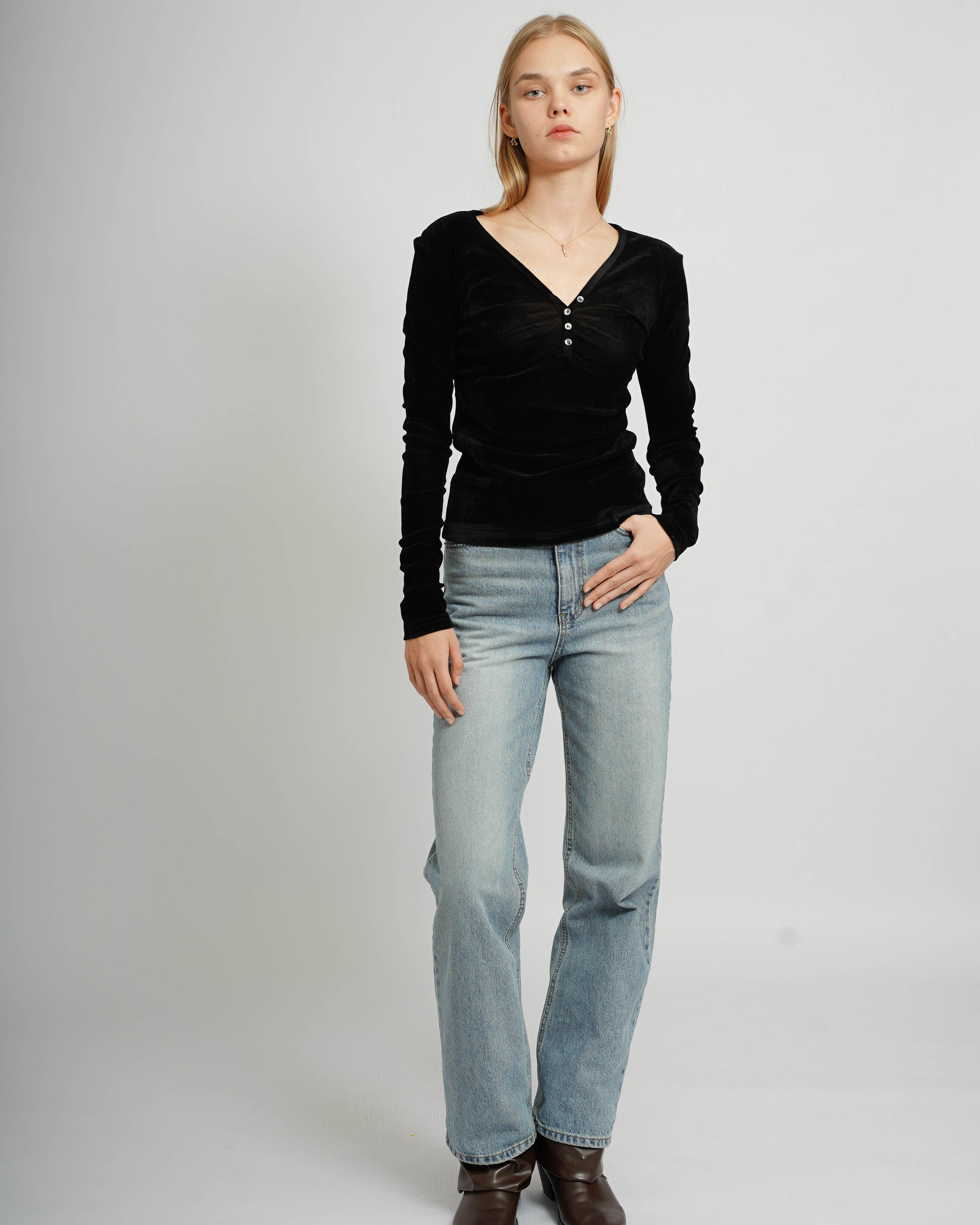 Button-Up Velvet Top - Black